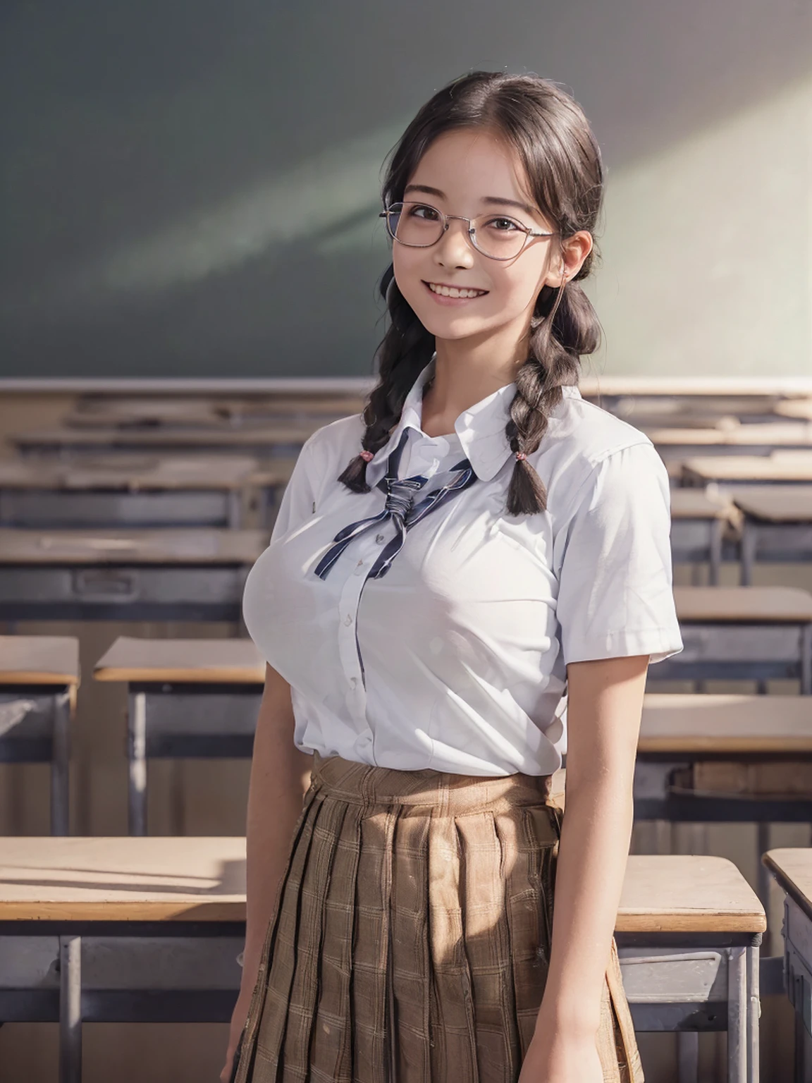 (8K,RAW Photos,highest quality,masterpiece:1.5),(Watching the audience:1.5),smile,Black Hair,(live-action:1.5),(Realistic expression:1.5),(middle School girls:1.5),(School uniform:1.5),(The background is an empty classroom:1.5),(Young face:1.4),(Big Breasts:1.5),Showing beautiful teeth,Making a peace sign,Braid,Glasses