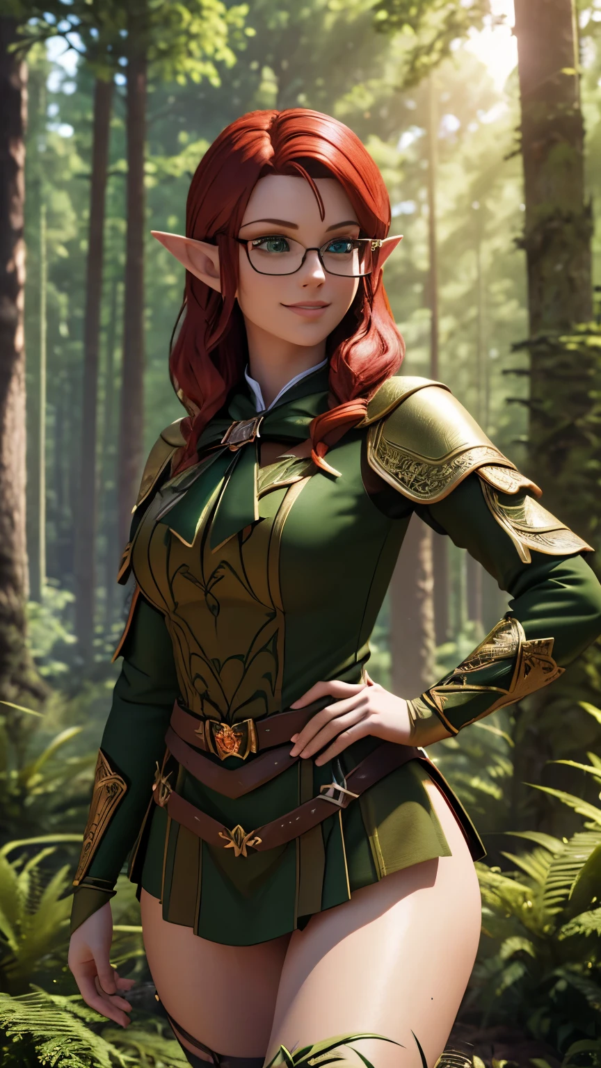 Short, Red hair, green eyes, metal frame glasses, smile woman elf in the forest, dressed in forest outfit with arrows and bow, on the tree, perfect body , perfect face, HD. ((elegance. photorealism. Unreal engine. 3d model. Ultra high quality textures. High detail. 8k resolution))