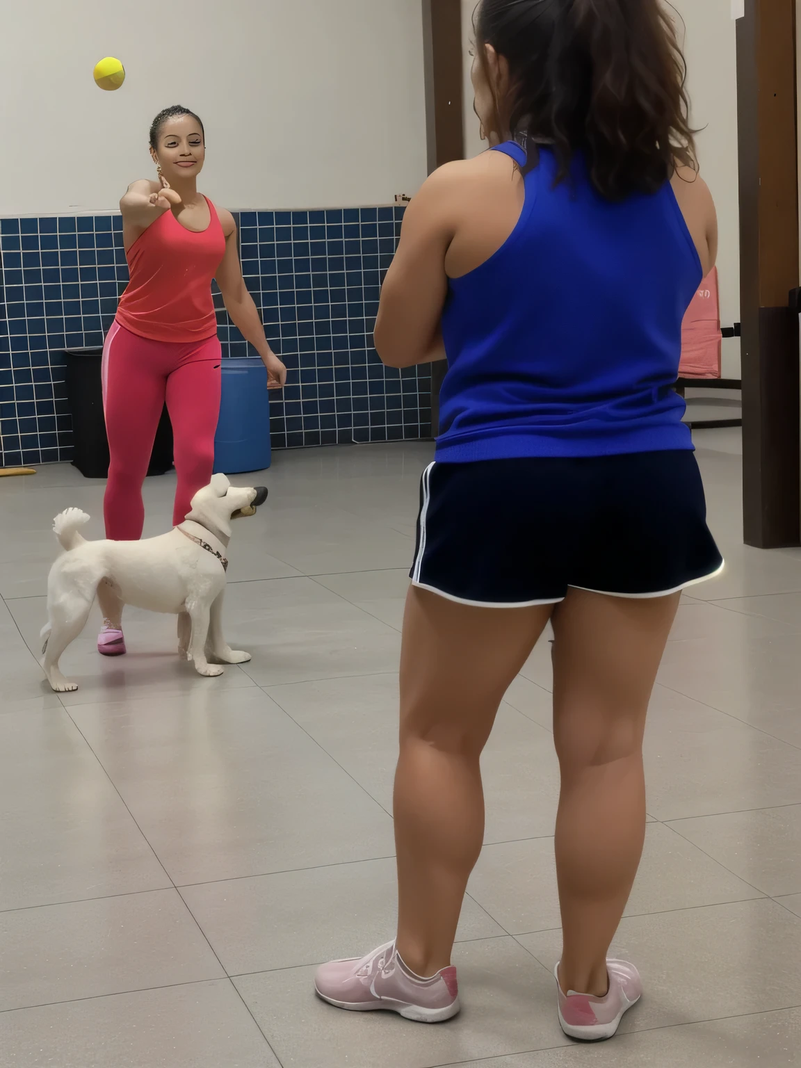 there is a woman and a dog playing with a ball, the dog is doing a ballet dance, by Amelia Peláez, with dogs, in a gym, dancing in the background, lunging at camera :4, the photo shows a large, by Samuel Silva, standing on two legs, malika favre, person in foreground, not blurry