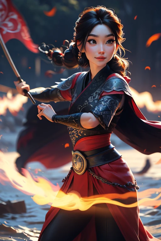 Elsa-Mulan Fusion, Fusionando modelos, derritiendo, Ropa Mulan, 1 chica, hermoso, personaje, mujer, femenino, (parte maestra:1.2), (mejor calidad:1.2), (solo:1.2), ((pose de pelea)), ((campo de batalla)), cinematographic, ojos perfectos, piel perfecta, Perfect lighting, smile, luz, cor, piel texturizada, detalle, Belleza, preguntarse, ultra detallado, cara perfecta