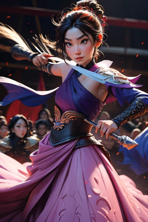 Elsa-Mulan Fusion, Fusionando modelos, derritiendo, Ropa Mulan, 1 chica, hermoso, personaje, mujer, femenino, (parte maestra:1.2), (mejor calidad:1.2), (solo:1.2), ((pose de pelea)), ((campo de batalla)), cinematographic, ojos perfectos, piel perfecta, Perfect lighting, smile, luz, cor, piel texturizada, detalle, Belleza, preguntarse, ultra detallado, cara perfecta