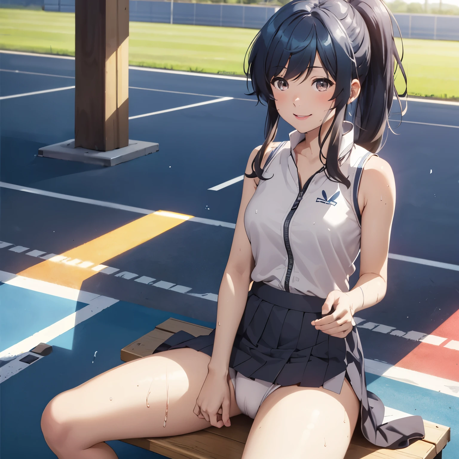 As a matter of fact, daytime, sunlight, 1 woman, 8K resolution, ponytail, brown eyes, glowing eyes, white short skirt, Blush, track field, sunlight, sleeveless shirt, Wet from the rain, seethrough, Sit with your knees raised, Spread your legs, M leg, pussy, sweetvsmile, the skirt is turned up, hand pulled skirt up, highest quality, High resolution, highly detailed face, perfect lighting, Very detailed CG, (perfect hands, perfect anatomy), minami nanami, perfect figure,