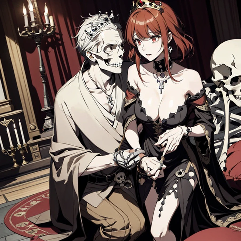 ((highest quality)), ((masterpiece)), (be familiar with), Perfect Face、The Enchanting Body of Celica（FE）、female１peopleと男１people、Red hair、The perfect proportions、semi-long、necklace、Bangles、Caster wheel、Luxury Accessories、first round、Fallen into evil、Skeleton Fall、Blank look、Skull engagement ring、empty eyes、Eyes with lost highlights、Lifeless Eyes、Expression in love、Dark Room、Red magic circle on the floor、大量のSkeleton Candelabraと蝋燭、darkness、A large number of skull objects、Big magic circle on the floor、Skeleton Candelabra、Luxury Jewelry、Skeleton Crown、Large skull pendant、Bone ornaments、Skull Accessories、Temple of the Skeletons、Skeleton Crown、The 70-year-old Skull King is a man、A ton of skeletons、pregnancy、Last month of pregnancy、全naked、naked、Becoming a bony body、７０The 20-year-old Skull King is my husband、７０Become the wife of the 20-year-old Skull King、７０A friendly pairing with the aged Skull King、７０Cuddling with the old man Skull King、７０Old man Skull King is a skeleton、Black bed with luxurious bone decor、Wear a skeleton on your head、incorporated into bones、Bed In、Making love in bed with 70-year-old Skull King、７０Being petted by the old man Skull King、Embracing and deep kissing 70-year-old man Skull King、７０Old man Skull King fondles her breasts and touches her pussy while deep kissing her、I love the 70 year old man Skull King、70-year-old man hugs Skull King、Take off your clothes、全naked、Bedroom