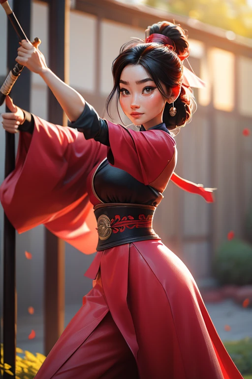 Mulan, Fusionando modelos, derritiendo, Ropa Mulan, 1 chica, hermoso, personaje, mujer, femenino, (parte maestra:1.2), (mejor calidad:1.2), (solo:1.2), ((pose de pelea)), ((campo de batalla)), cinematographic, ojos perfectos, piel perfecta, Perfect lighting, smile, luz, cor, piel texturizada, detalle, Belleza, preguntarse, ultra detallado, cara perfecta