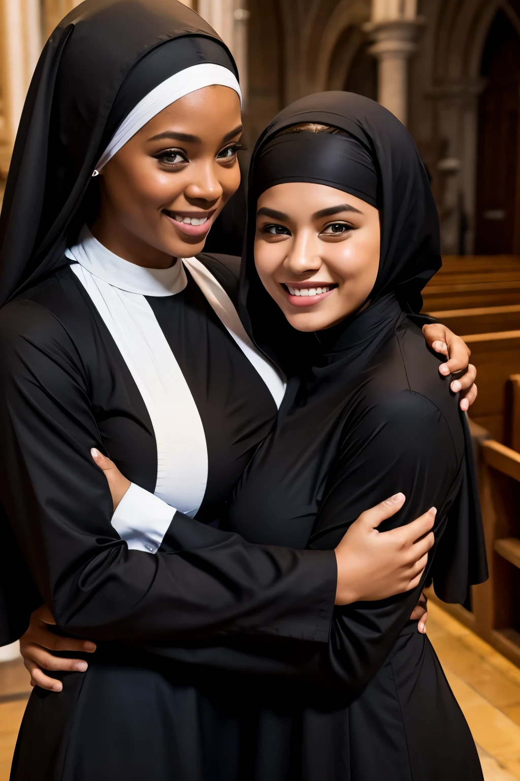 two black women、smile、Nuns、Huge breasts、Voluptuous body、Monastic uniform、They are hugging each other、inside the church