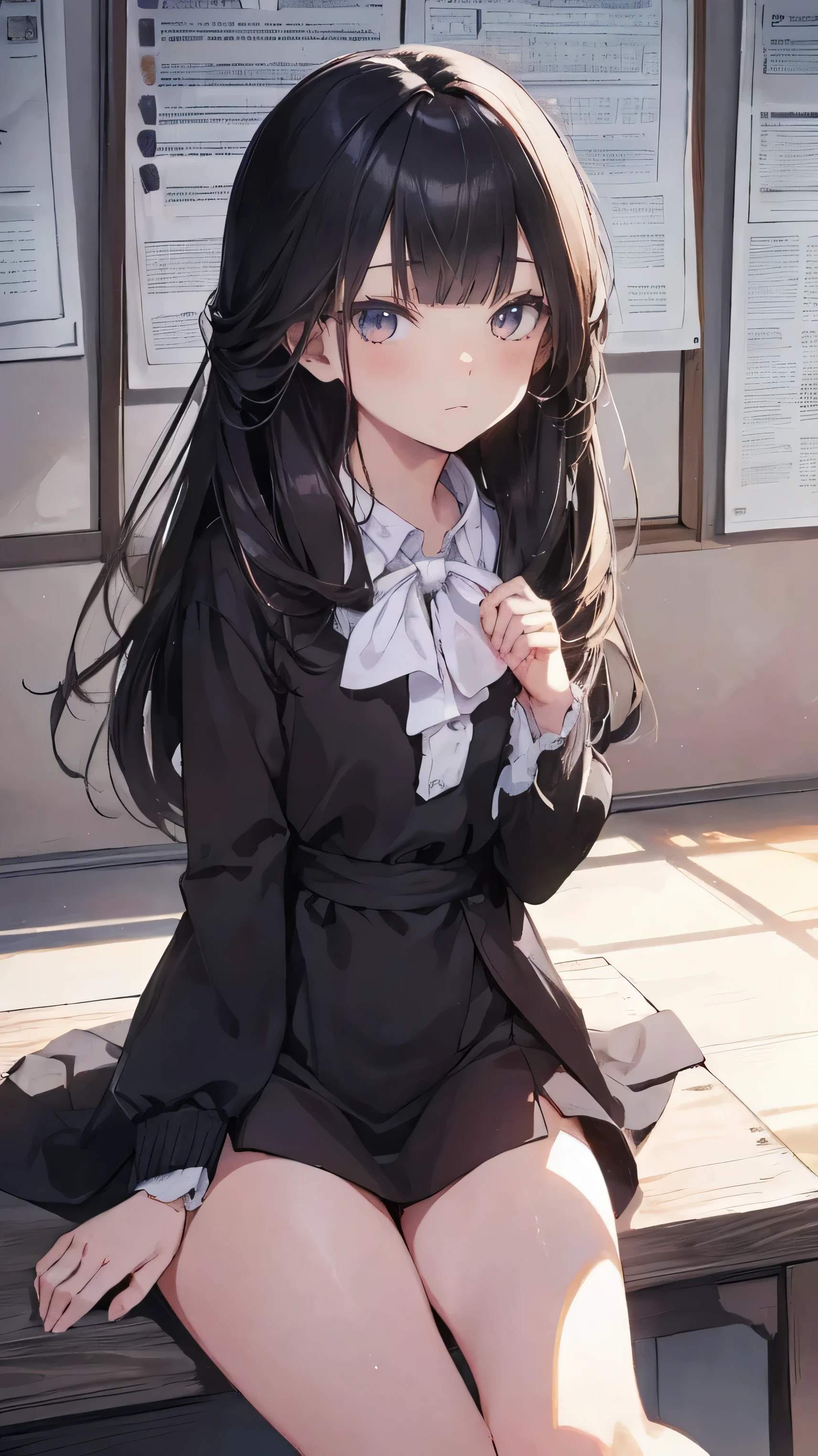 Masterpiece、Highest quality、highest quality、Black Hair、(((Lori)))、 ((Petite))、Shiny hair quality、Small face、Sitting、Super detailed, beautiful, wide eyes、Ultra-detailed, clear and beautiful faces、(cute illustration:1.2), High-resolution, ultra-detailed, best quality, embarrassed、Thighs