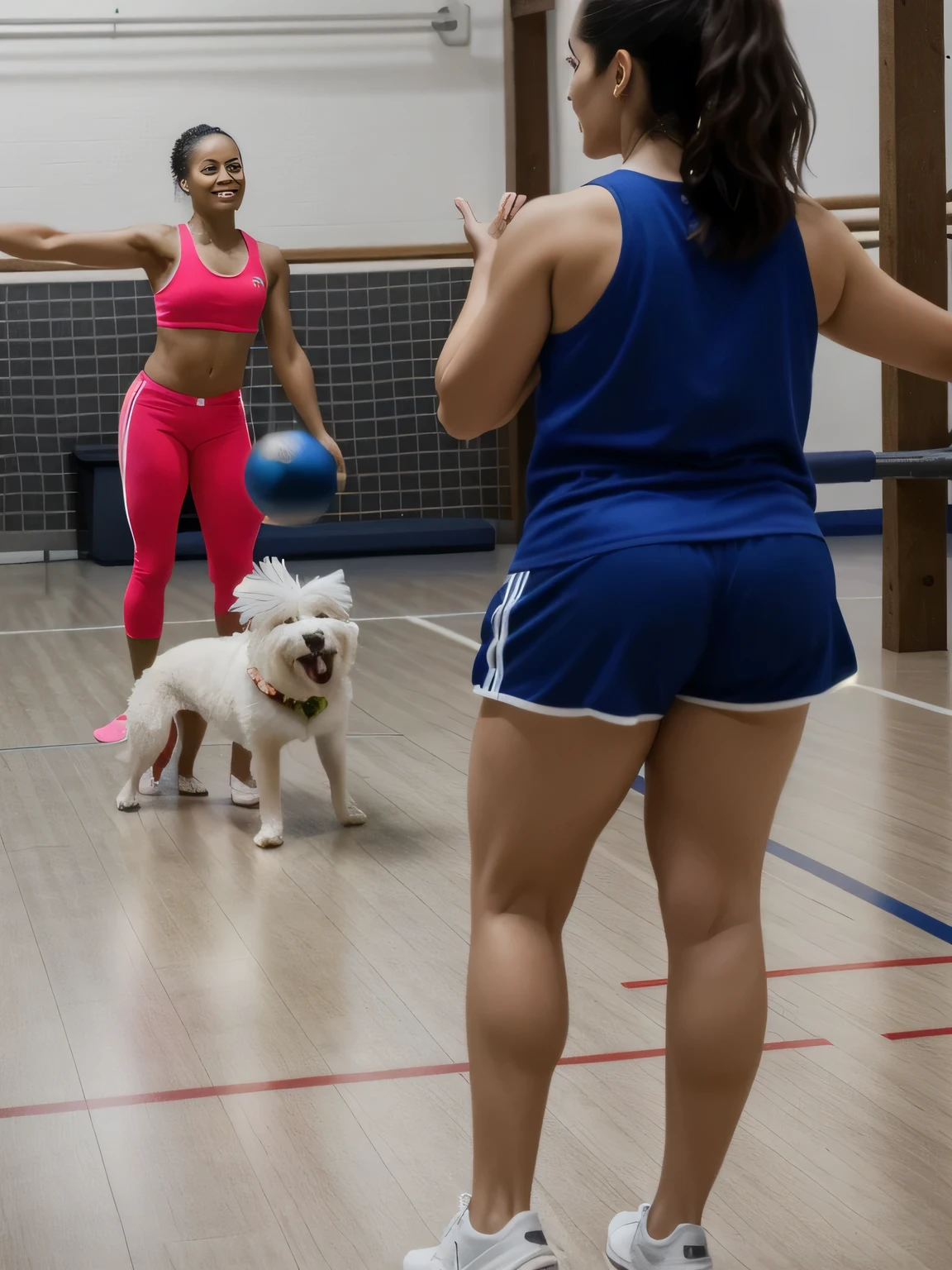 there is a woman and a dog playing with a ball, the dog is doing a ballet dance, by Amelia Peláez, with dogs, in a gym, dancing in the background, lunging at camera :4, the photo shows a large, by Samuel Silva, standing on two legs, malika favre, person in foreground, not blurry