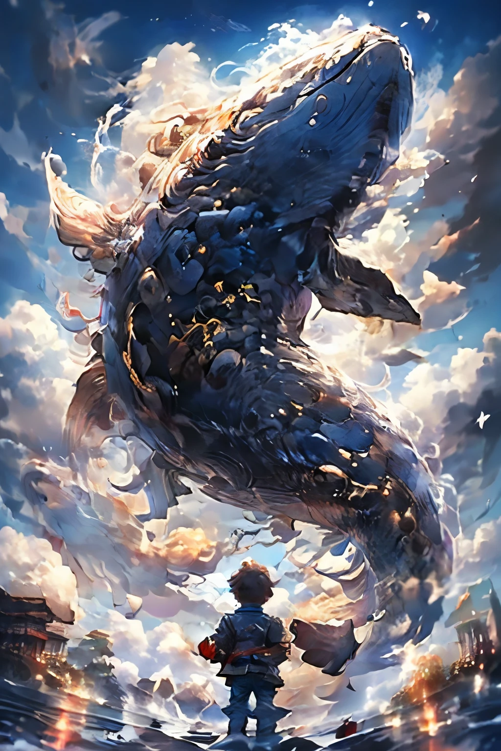 Handsome human boy,Primarof gold and fire,Below is the back of a giant whale,Only the back of the giant whale appears, no other parts appear,Close-up of boy,Fisheye lens,lens with tension,The main subject of the picture is a boy