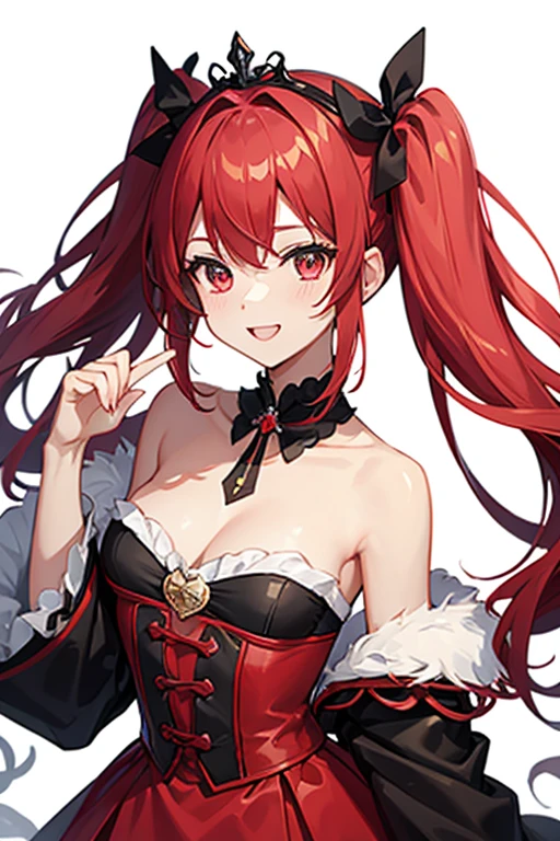 Virtual Singer,redい髪の毛,Twin tails,ribbon,Frills,,tiara,red,garnet,fine,black clothes,smile,fine,White background,highest quality, masterpiece,cute