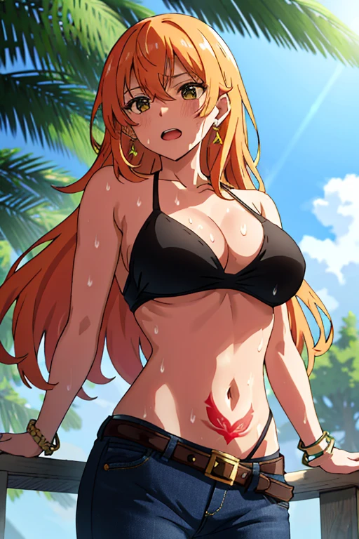 detailed background, masterpiece, 4k, best quality, late youth, adult, wrestler body, 1girl, active, energic, uppercut, (large mouth) , solo, nami \(one piece\), 1girl, bangle, (very wet, drenched in sweat, sweat all over body, very wet hair, tired, taking breath, open mouth, hand on stomach, sweaty face, sweaty body, panting, sweating too much, shiny sweat, sweat stains, leaning forward, tilting), perfect detailed face, bold drawing lines, muscular arms, detailed bold arm lines, flat jaw, adult woman, wavy wide streaked bangs, floating bang streaks, (big cheeks), bare shoulders, off-shoulders, belt, bikini, blue sky, bracelet, big round eyes, plain big brown shiny eyes, bubbles, high eye position, cleavage, cloud, day, denim, earrings, floating hair, shiny hair, green belt, black bikini, bold groin lines, jeans, jewelry, log pose, long hair, tanned skin, looking at viewer, wet hair, orange hair, pants, shoulder tattoo, sidelocks, sky, solo, standing, stomach, swimsuit, tattoo , looking at viewer, open mouth, detailed arms, big forehead, hourglass figure, toned body, wide hair, wind effect, sun effect, under the sun, narrow small ears angle, older