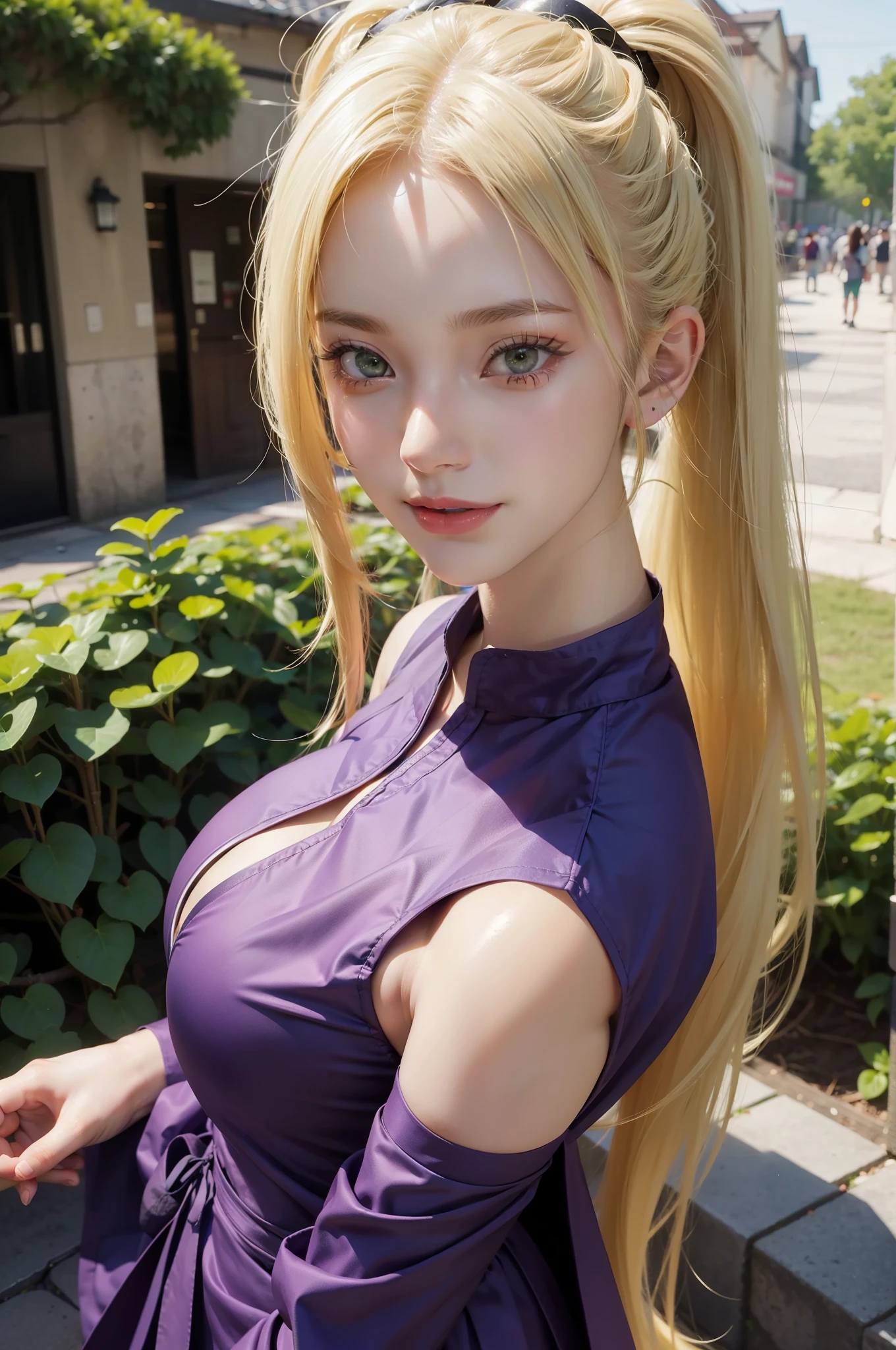 1girl, yamanaka ino in anime naruto, long hair, yellow hair, green eyes, smile, beautiful, sexy dress, sexy clothes, purple clothes, very big breast, realistic clothes, detail clothes, outdoor background, ultra detail, realistic