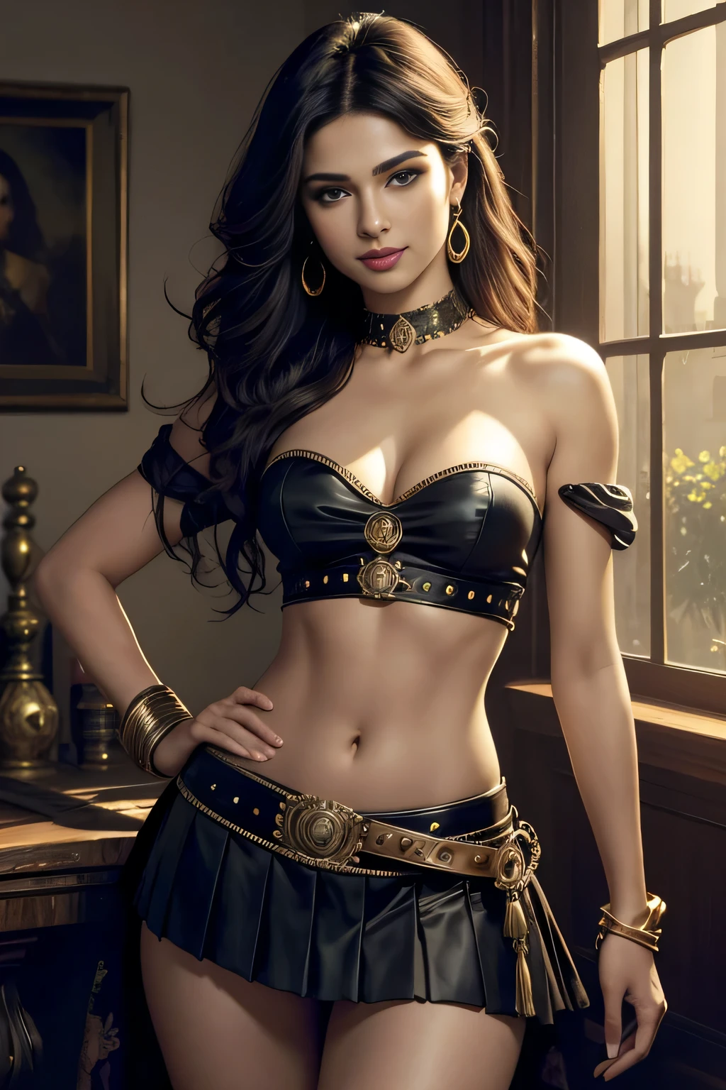 "((top-quality)), ((tmasterpiece)), (detaileds: 1.4), 3D realistic oil painting , The sexy and charming pirate woman smiled mischievously, Sexy Midriff, Slim waist, epaulette, Seductive cleavage, pleated mini skirt, sharp detailed, Frivolous and shameful, Bright Skin, Enchanting daylight, Ron Hicks style, Art germ, author:greg rutkovsky, Movie rendering ",Real India's most beautiful girl