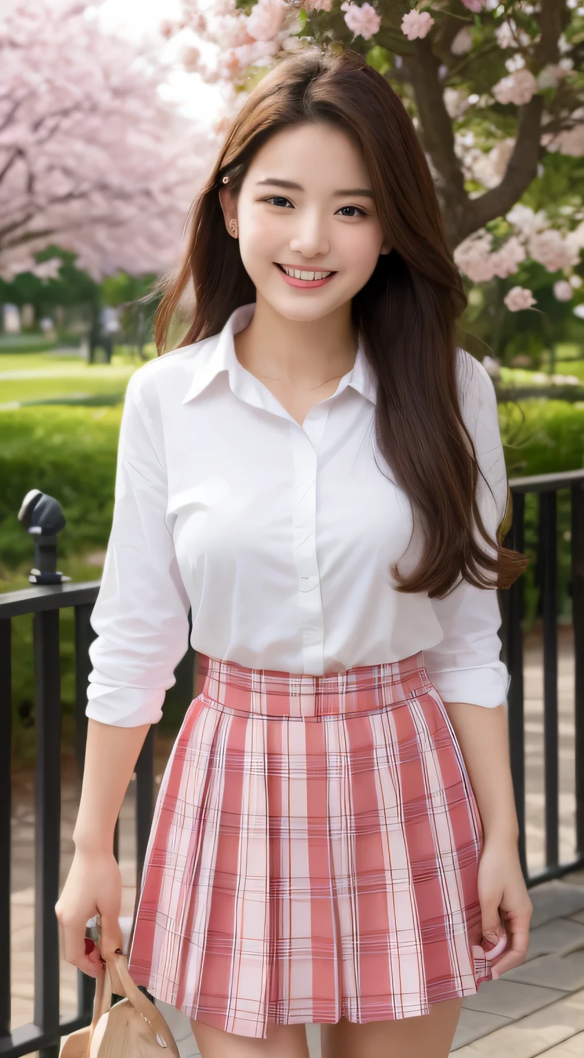 Ultra HD、A large park with cherry blossoms falling、White polo shirt、high school girl、Cool smile、Big Breasts
