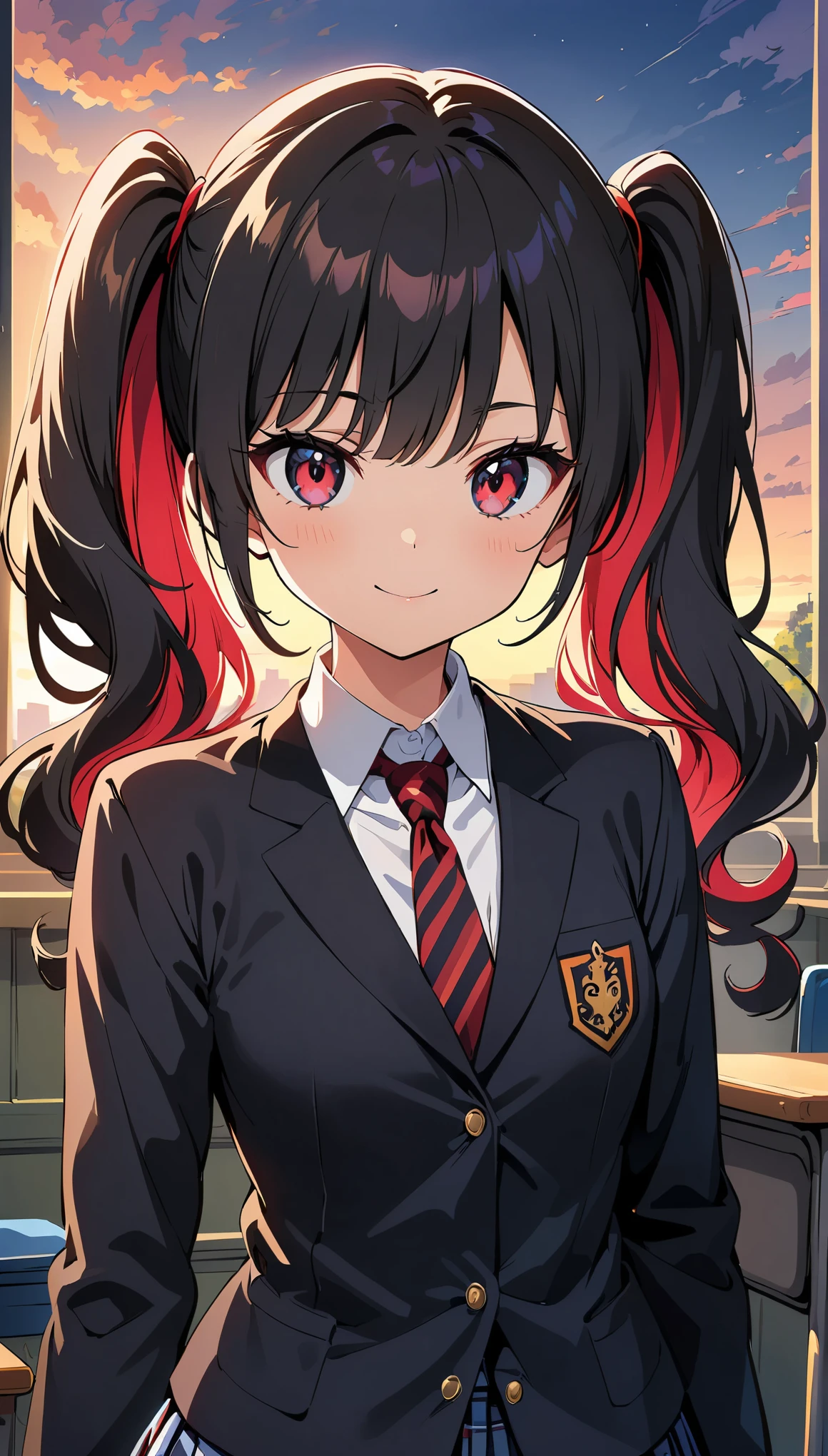 (Anime artwork, Anime Style, Studio Anime, Very detailed, up to date, Vibrant, Anime Coloring, High Contrast, masterpiece:1.2, Best Quality, Best aesthetics), 1 gal, We are waiting, ((Black Hair, High twin tails with red inner color:1.9)), Grey Eyes, (Sharp face), glossy lips, smile, clavicle, Pretty face, (Small face), Beautiful Eyes, Long eyelashes, Slender, Blue plaid pleated skirt:1.5, Red tie:1.5, Black cardigan, (Private School Uniforms), School classroom, evening, Illuminated by the setting sun, Soft lighting,