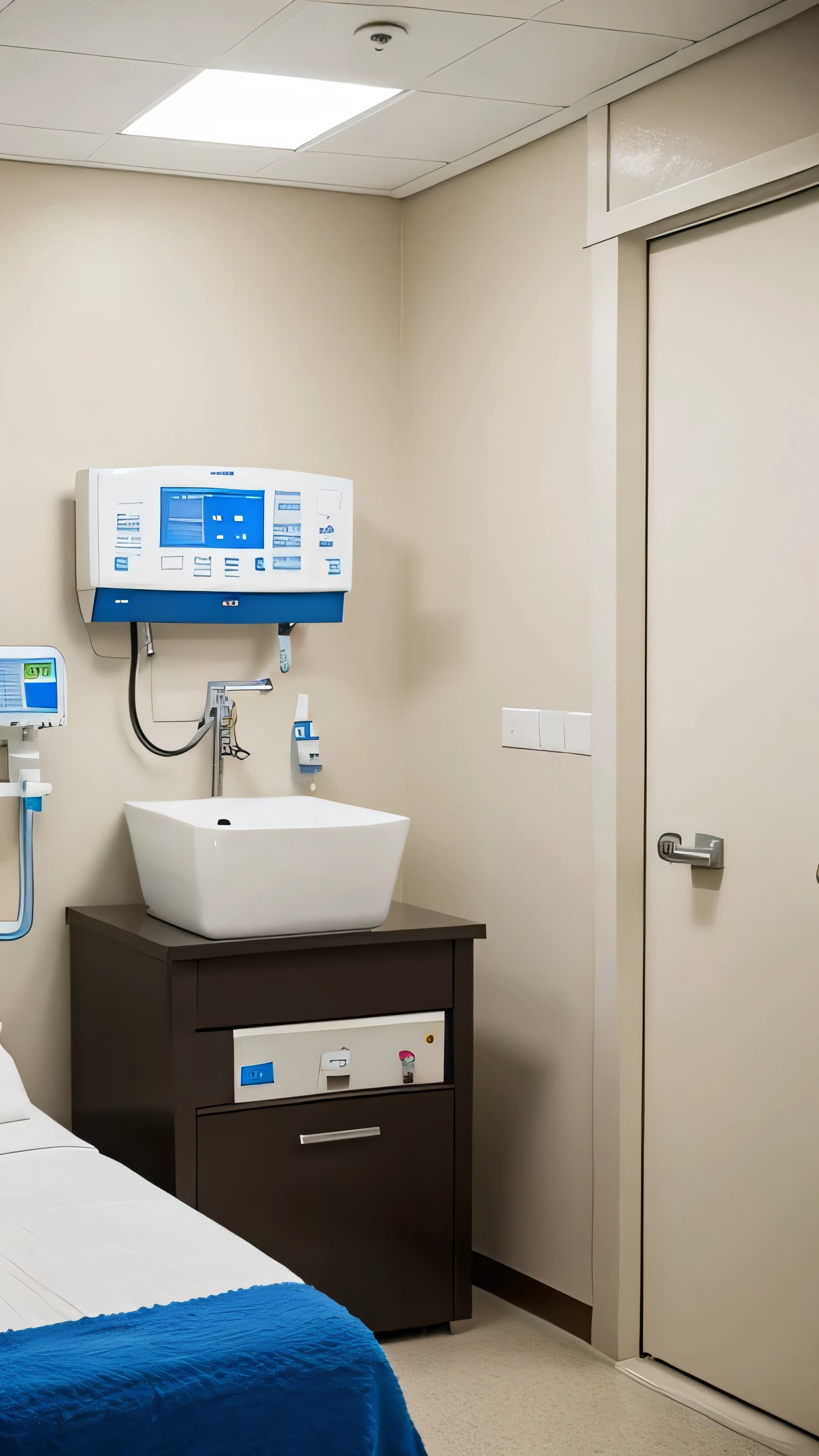there is a hospital room with a hospital bed and a driper, surgical iv drip, intravenous drip, iv drip, sterile background, sterile minimalistic room, surgical iv bag, medical equipment, clean medical environment, medical machinery, with an iv drip, iv pole, surgical equipment, operating room, medical photography, hospital, digital medical equipment