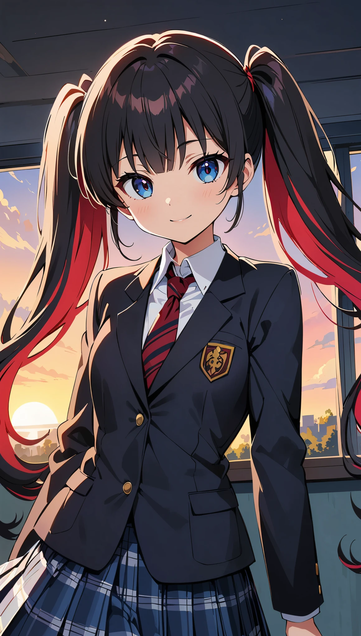 (Anime artwork, Anime Style, Studio Anime, Very detailed, up to date, Vibrant, Anime Coloring, High Contrast, masterpiece:1.2, Best Quality, Best aesthetics), 1 gal, We are waiting, ((Black Hair, High twin tails with red inner color:1.9)), Grey Eyes, (Sharp face), glossy lips, smile, clavicle, Pretty face, (Small face), Beautiful Eyes, Long eyelashes, Slender, Blue plaid pleated skirt:1.5, Red tie:1.5, Black blazer, (Private School Uniforms), School classroom, evening, Illuminated by the setting sun, Soft lighting,