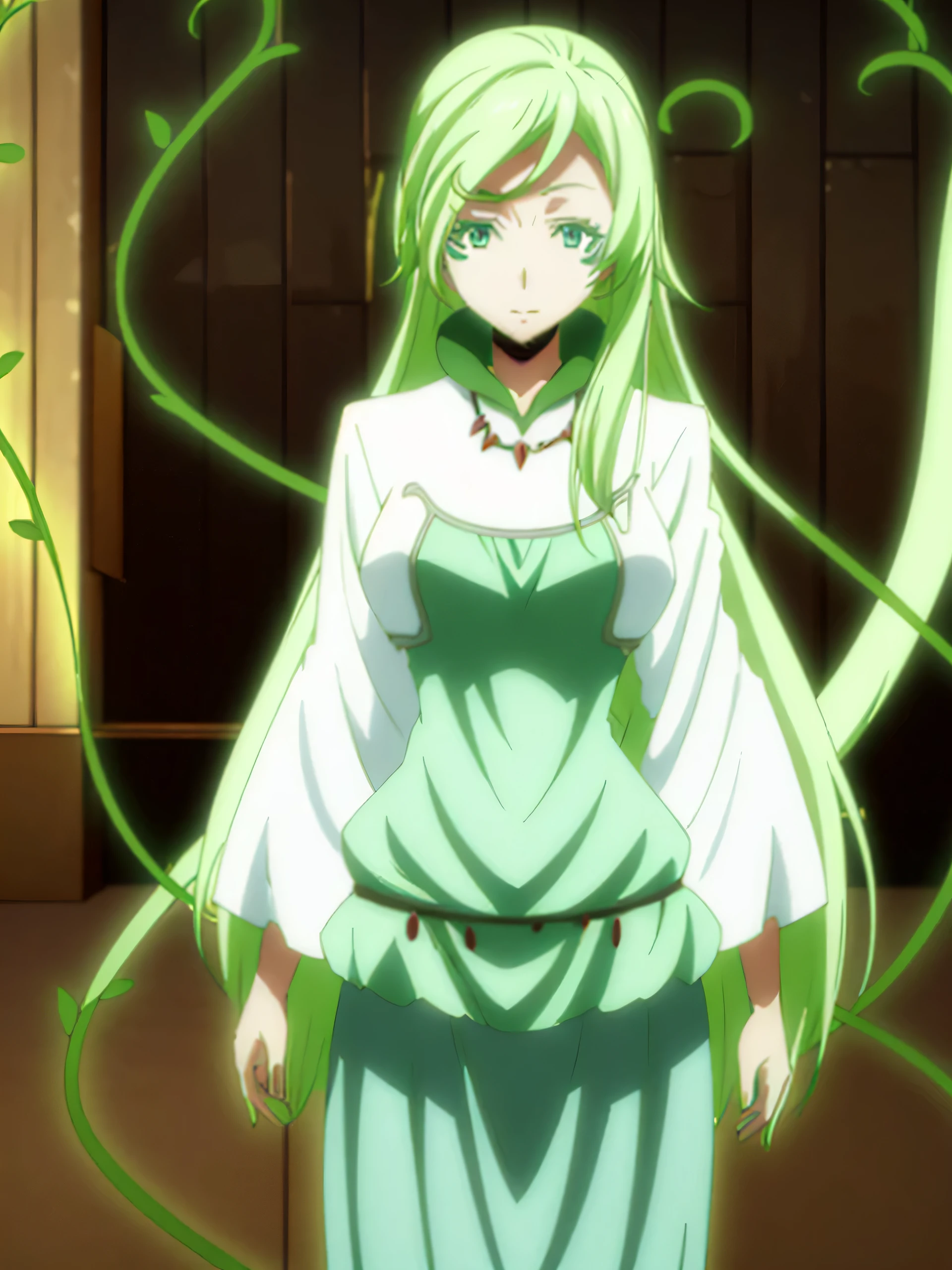 Solo, girl, green and white dress, green collar, jewelry, gem, green hair, blue eyes, bangs, very long hair, facial mark