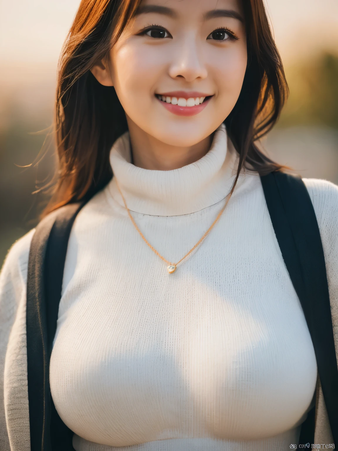 (masterpiece, highest quality:1.3), (Ultra-detailed 8K:1.2), (hyperrealistic:1.35),(Raw photo:1.2),highest quality, High resolution, wallpaper, photo realistic ,product quality, (full shot:1.5),a Japanese beautiful girl, smile, wearing a white turtleneck sweater, carrying a shoulder bag over her shoulder, hyper cute face, glossy lips, natural makeup, detailed face, cinematic lighting, octane rendering,(large breasts:1.3), (cleavage:0.9)