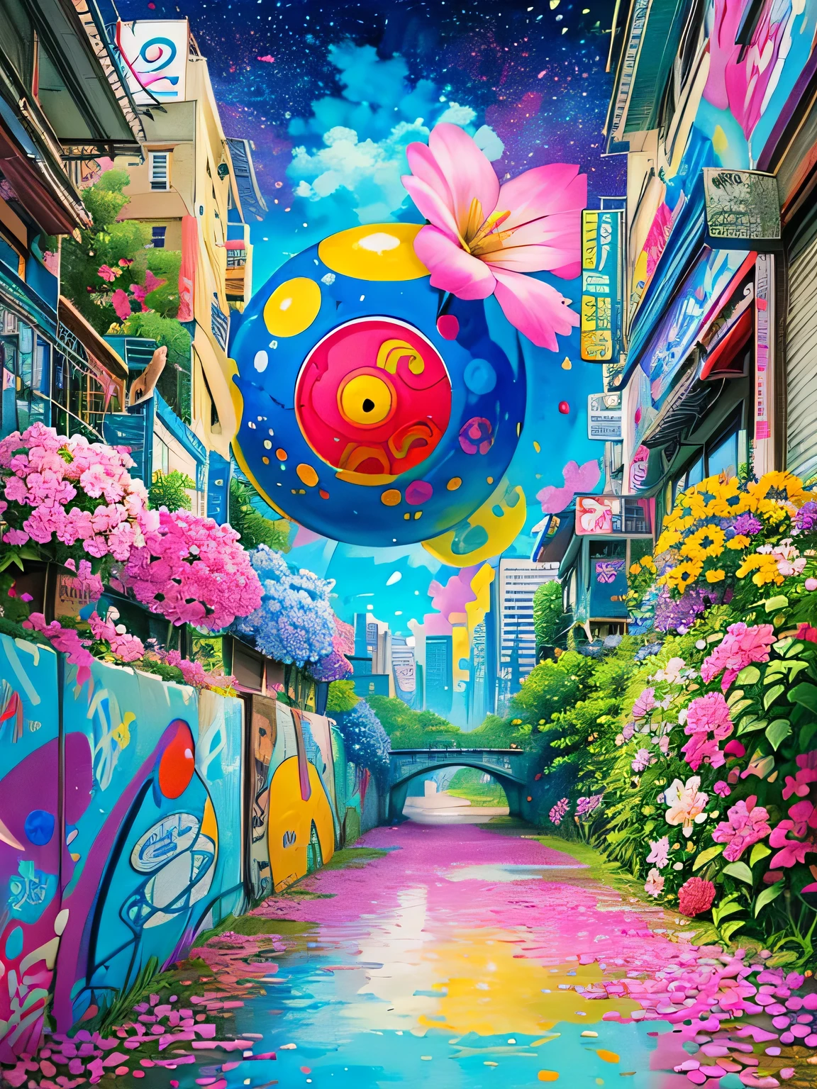 akira toriyama style、8K quality, Takashi murakami'illustration of, intense watercolor, watercolor detailed art, watercolor splash, surreal, avant-garde pop art, Beautiful and expressive paintings, beautiful artwork illustration of, very colorful tones, wonderful, cool beauty, highest quality,official art, vector art,stylish design, ((most beautiful girl ever))), (((highest quality))), HDR, ((Detailed details)), (((graffiti art))), ((masterpiece))、((Super detailed))、(((colorful flowers)))、(((Futuristic cityscape)))