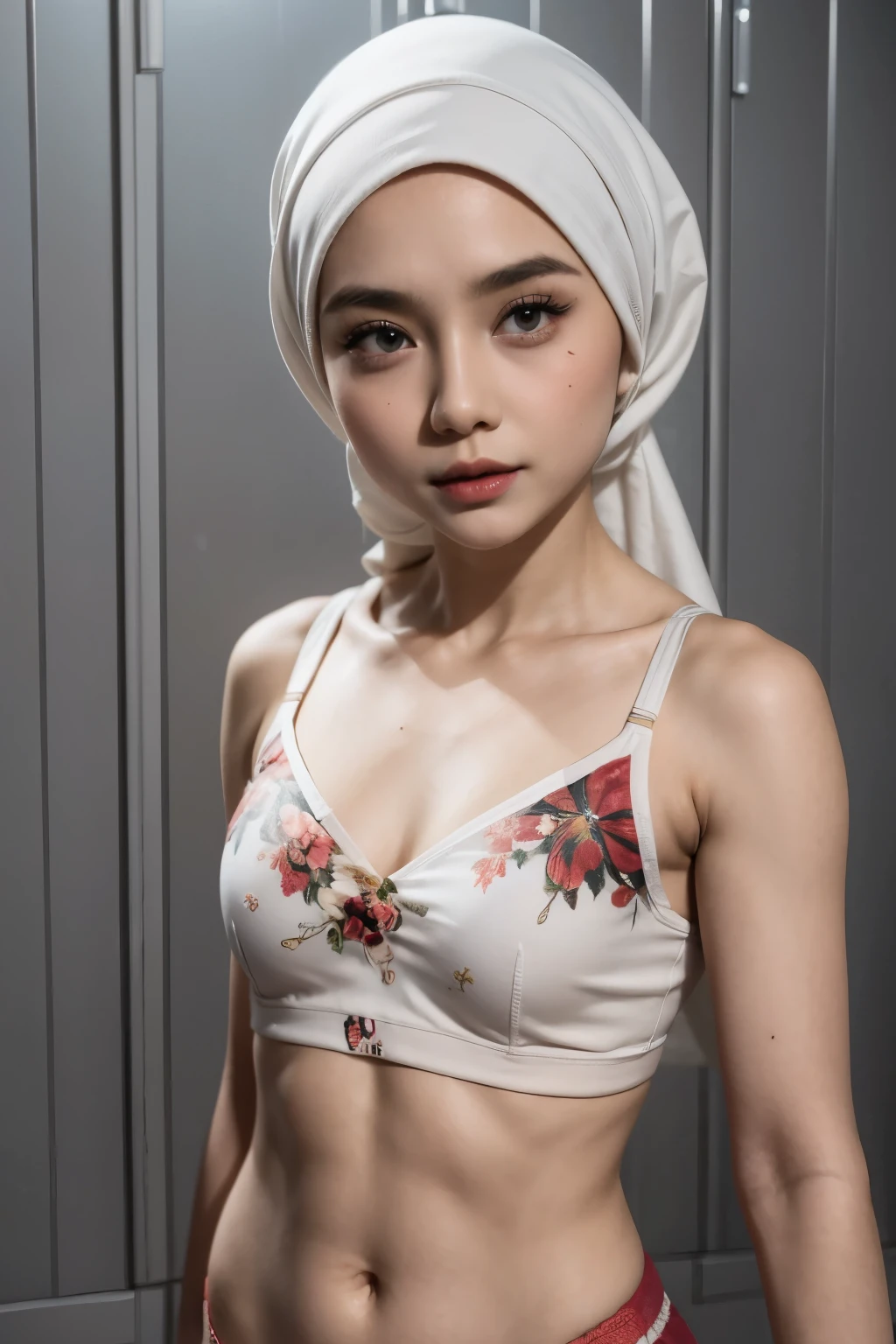see-through T-shirt, Bodybuilder Naked, (((HIJAB MALAY GIRL))), masutepiece, High quality, UHD 32K, Realistic face, Realistic skin feeling , A Japanese Lady, , , Very cute and baby-like face, (((FLAT CHEST))), (MATRIX WORLD), ((look In front at the camera and SADNESS)), ((())), (((CUTE GIRL))), ((RED LIPS)), ((wering lingerie Bra Floral Pattern)) little Bodybuilder (T-Shirt)