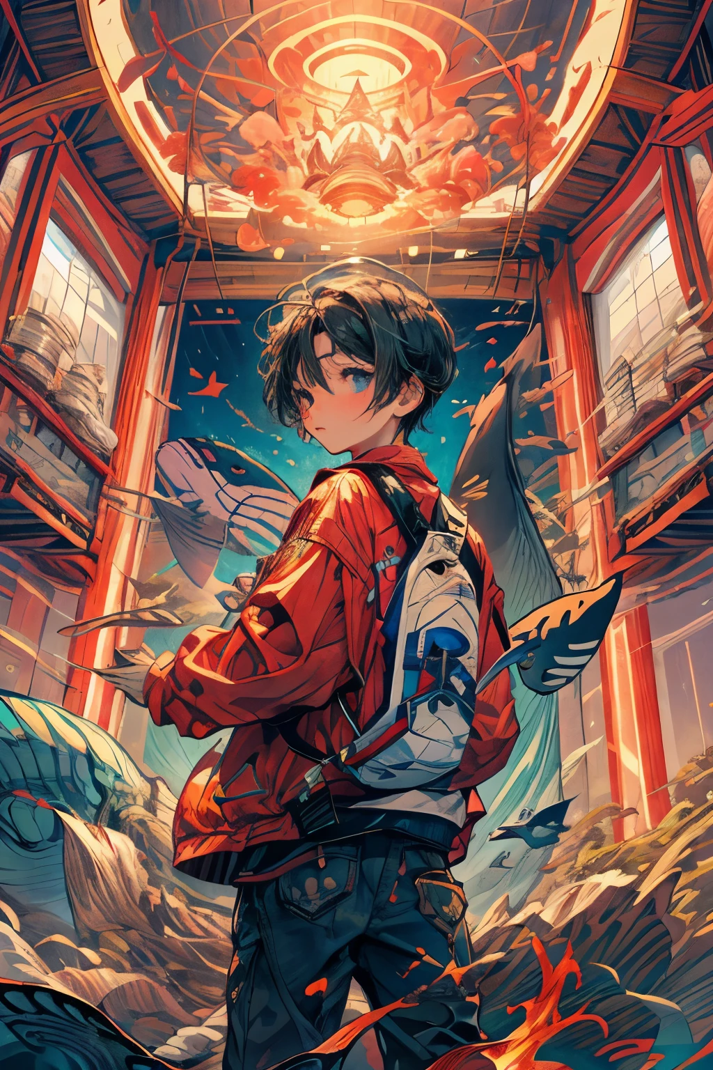 Beautiful human child,Primary school students,Eyes of gold and fire,Below is the back of a giant whale,Only the back of the giant whale appears, no other parts appear,Close-up of boy,Fisheye lens,lens with tension,The main subject of the picture is a boy