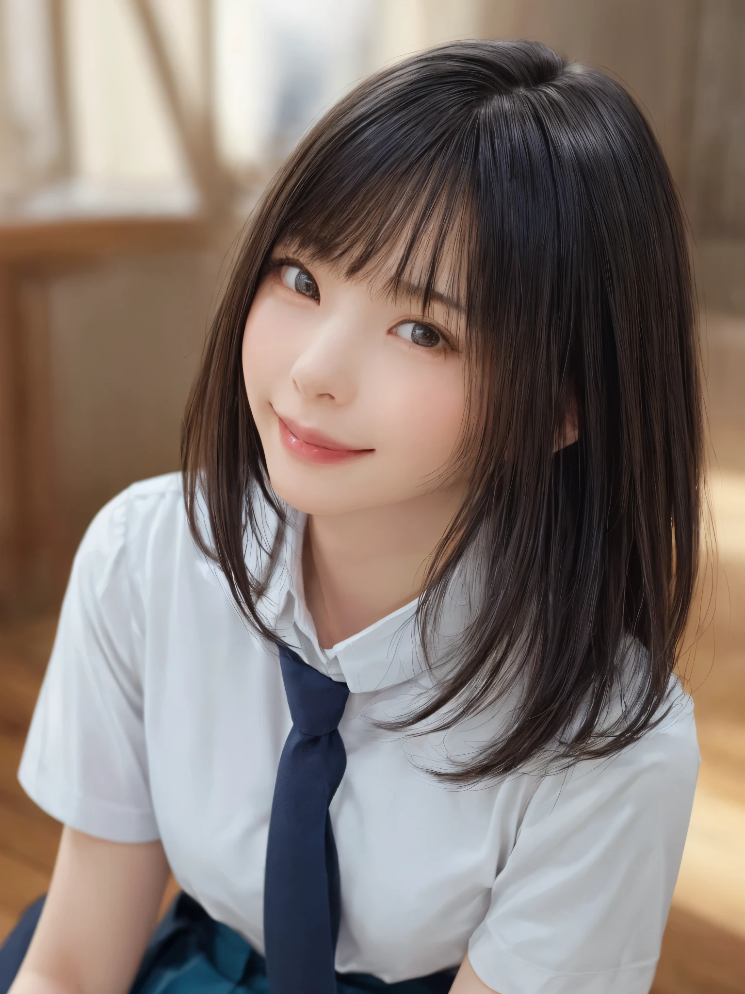 (masterpiece:1.3), (Realistic, RAW Photos, highest quality: 1.4), (One Girl), Beautiful Face, (超Realistic Face、シンメトリーのBeautiful Face、Looking into the camera), (Black Hair, short hair:1.6、bangs:1.3、Put out your ears、Beautiful long neck、happy smile with closed mouth), Beautiful hairstyle, (Realistic eyes), Beautiful details, Long eyelashes, (Realistic Skin), Beautiful Skin, [Big Breasts:1.3], (Perfect body:1.3), (Detailed body:1.2), (tie), (Collared shirt, Pleated skirt:1.3), Absurd, charm, Ultra-high resolution, Ultra-realistic, Very detailed, Golden Ratio,Very cute beautiful woman、28 years old