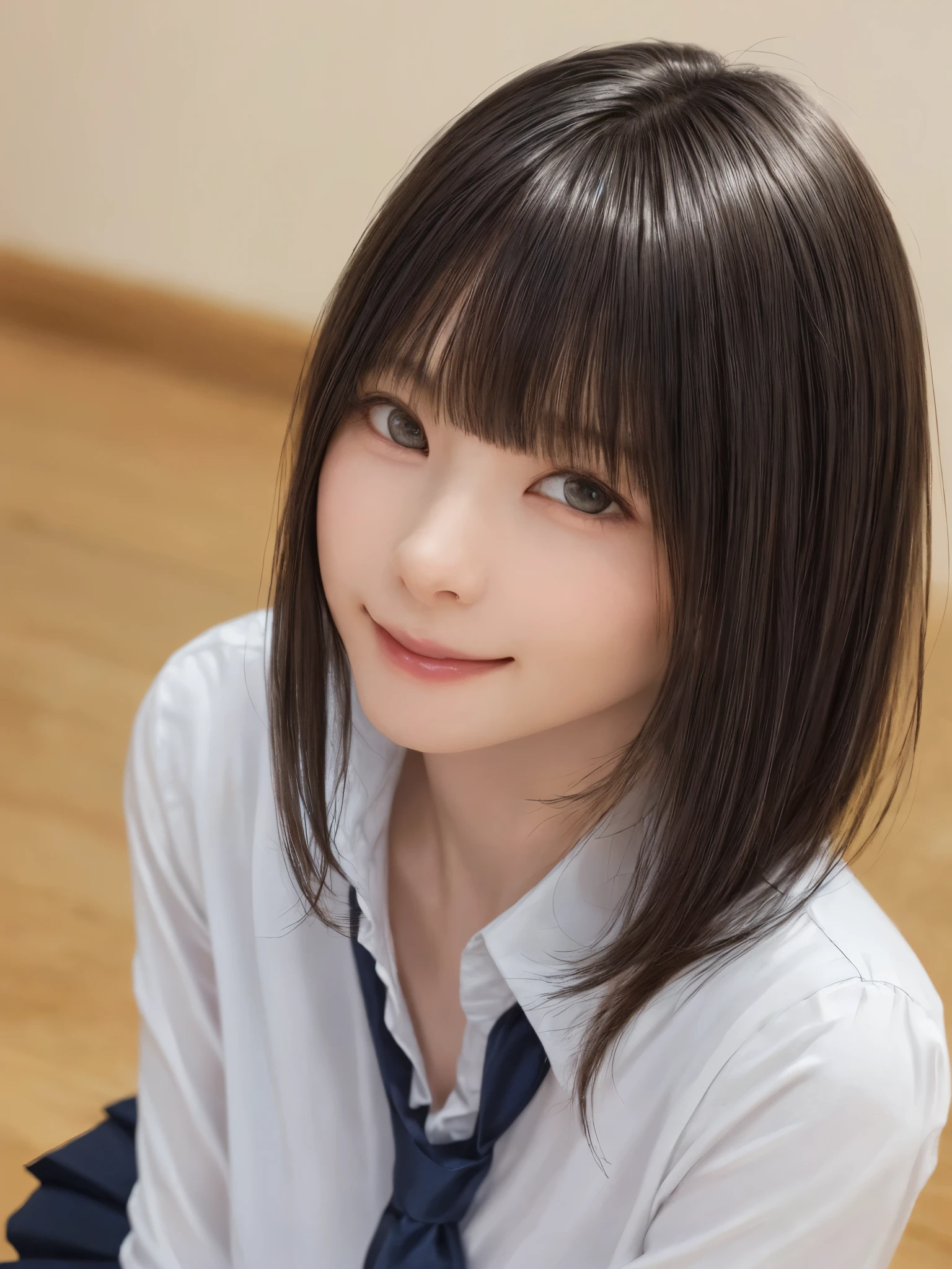 (masterpiece:1.3), (Realistic, RAW Photos, highest quality: 1.4), (One Girl), Beautiful Face, (超Realistic Face、シンメトリーのBeautiful Face、Looking into the camera), (Black Hair, short hair:1.6、bangs:1.3、Put out your ears、Beautiful long neck、happy smile with closed mouth), Beautiful hairstyle, (Realistic eyes), Beautiful details, Long eyelashes, (Realistic Skin), Beautiful Skin, [Big Breasts:1.3], (Perfect body:1.3), (Detailed body:1.2), (tie), (Collared shirt, Pleated skirt:1.3), Absurd, charm, Ultra-high resolution, Ultra-realistic, Very detailed, Golden Ratio,Very cute beautiful woman、28 years old