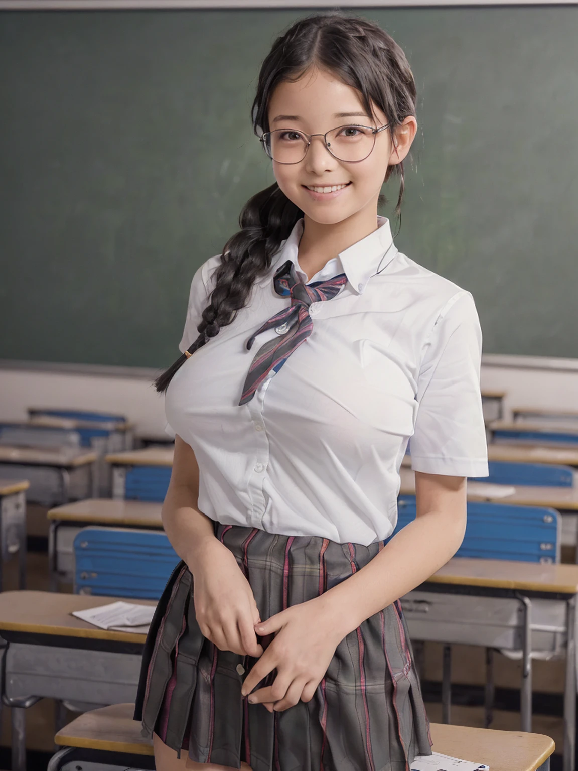 (8K,RAW Photos,highest quality,masterpiece:1.5),(Watching the audience:1.5),smile,Black Hair,(live-action:1.5),(Realistic expression:1.5),( girls:1.5),(School uniform:1.5),(The background is an empty classroom:1.5),(Young face:1.4),(Big Breasts:1.5),Showing beautiful teeth,Making a peace sign,Braid,Glasses,She lifts her skirt to show her crotch