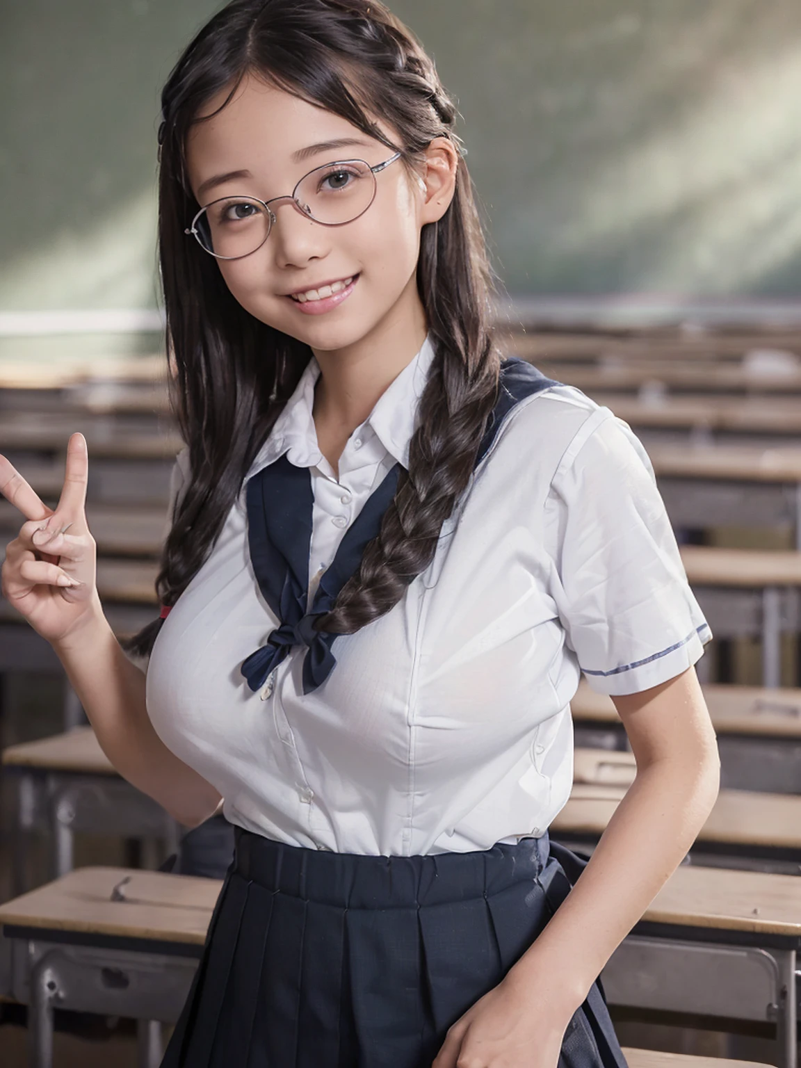 (8K,RAW Photos,highest quality,masterpiece:1.5),(Watching the audience:1.5),smile,Black Hair,(live-action:1.5),(Realistic expression:1.5),(middle School girls:1.5),(School uniform:1.5),(The background is an empty classroom:1.5),(Young face:1.4),(Big Breasts:1.5),Showing beautiful teeth,Making a peace sign,Braid,Glasses,She lifts her skirt to show her crotch