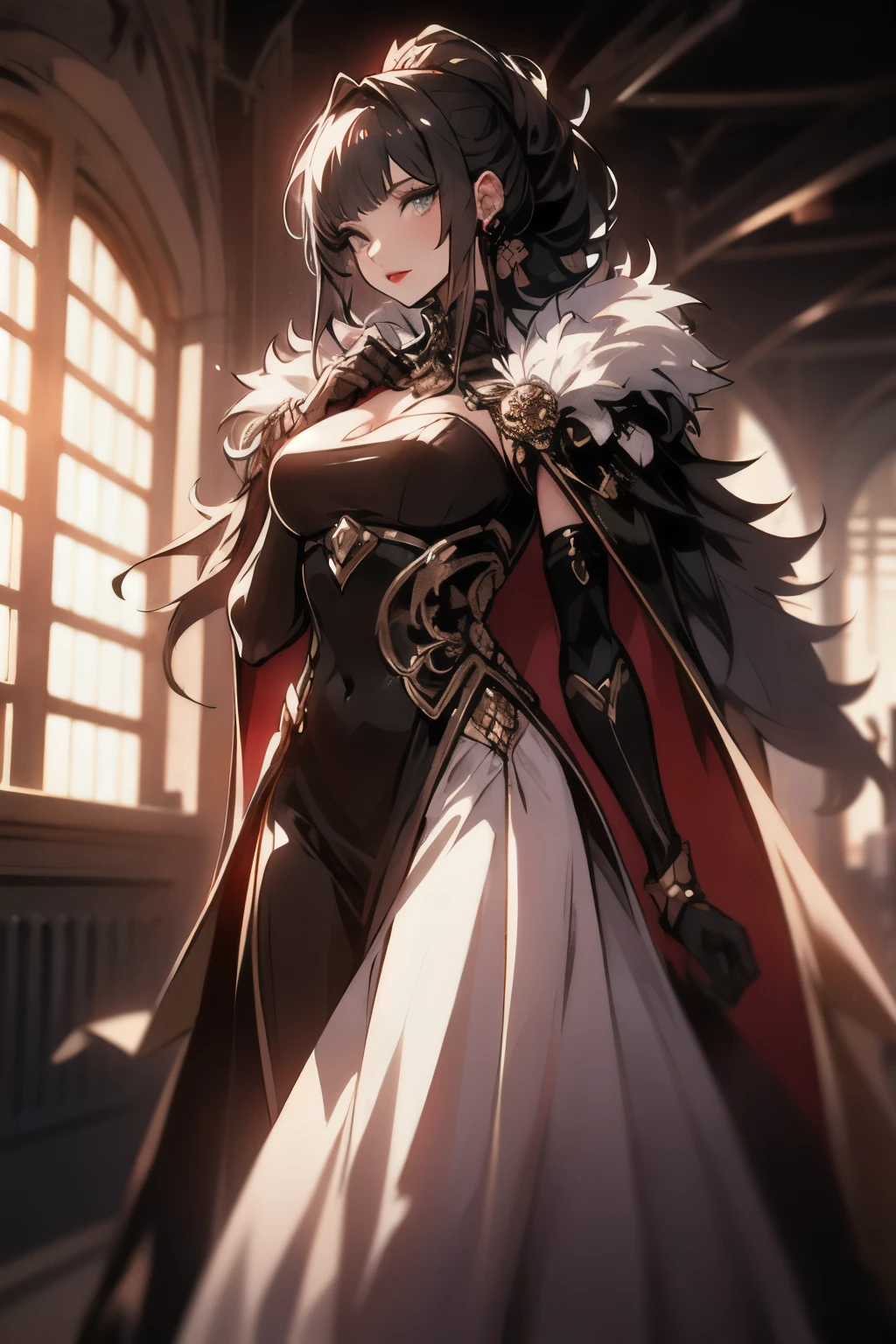 a princess in a red gold and black ball gown, going from neck to feet, with full skirt, a long fur cape, hair curled in a high ponytail, red lips, blue eyes, detailed eyes and lips
