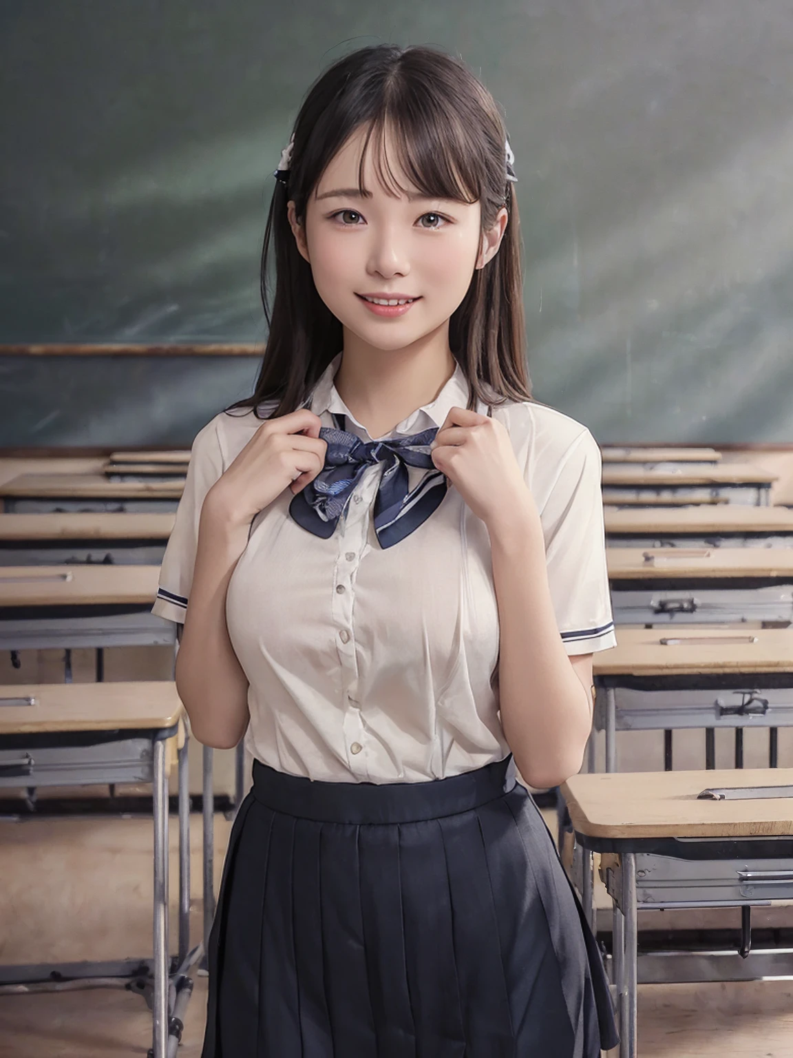 (8K,RAW Photos,highest quality,masterpiece:1.5),(Watching the audience:1.5),smile,Black Hair,(live-action:1.5),(Realistic expression:1.5),(middle School girls:1.5),(School uniform:1.5),(The background is an empty classroom:1.5),(Young face:1.4),(Big Breasts:1.5),Showing beautiful teeth,Making a peace sign