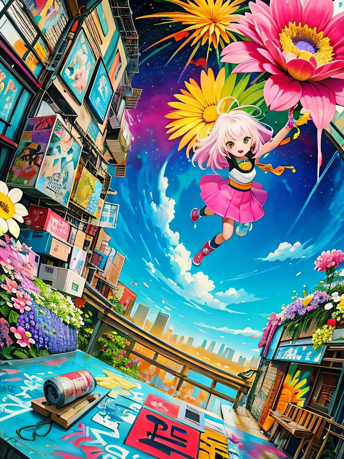 akira toriyama style、8K quality, Takashi murakami'illustration of, intense watercolor, watercolor detailed art, watercolor splash, surreal, avant-garde pop art, Beautiful and expressive paintings, beautiful artwork illustration of, very colorful tones, wonderful, cool beauty, highest quality,official art, vector art,stylish design, ((most beautiful girl ever))), (((highest quality))), HDR, ((Detailed details)), (((graffiti art))), ((masterpiece))、((Super detailed))、(((colorful flowers)))、(((Futuristic cityscape)))