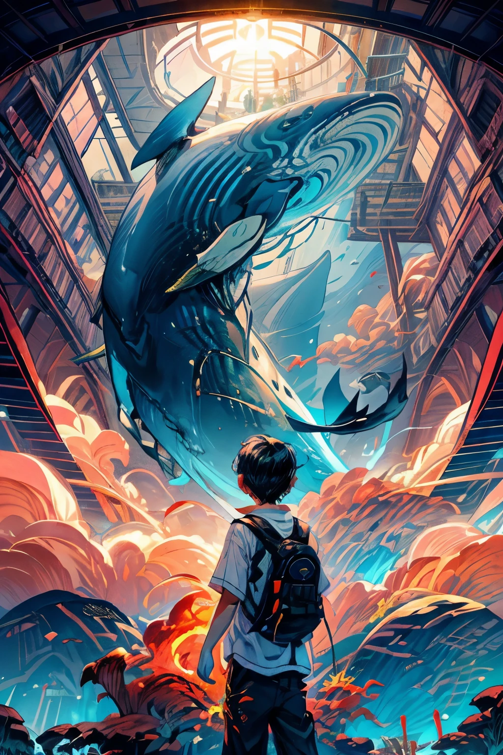Beautiful human child,Primary school students,Eyes of gold and fire,Below is the back of a giant whale,Only the back of the giant whale appears, no other parts appear,Close-up of boy,Fisheye lens,lens with tension,The main subject of the picture is a boy