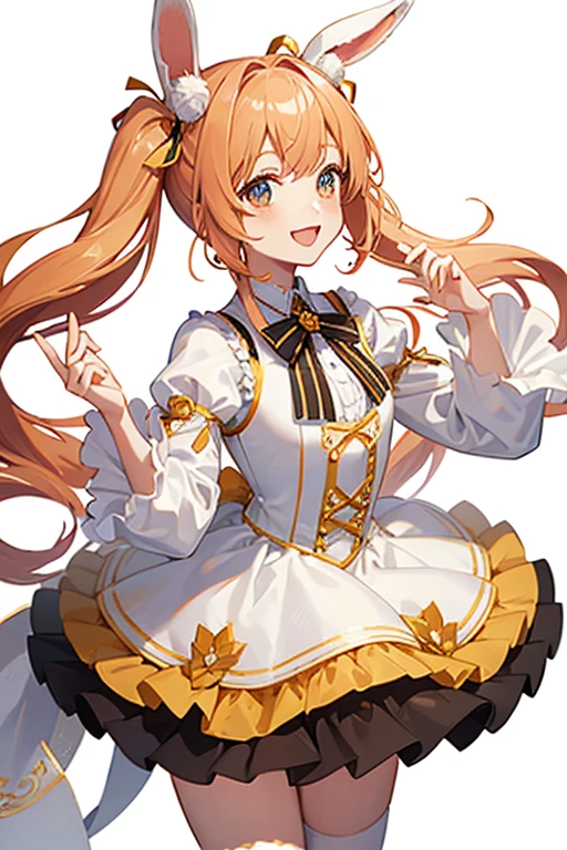 Virtual Singer,Apricot Hair,Rabbit,ear,Twin tails,ribbon,Frills,diamond,fine,white clothes,smile,fine,White background,highest quality, masterpiece,cute