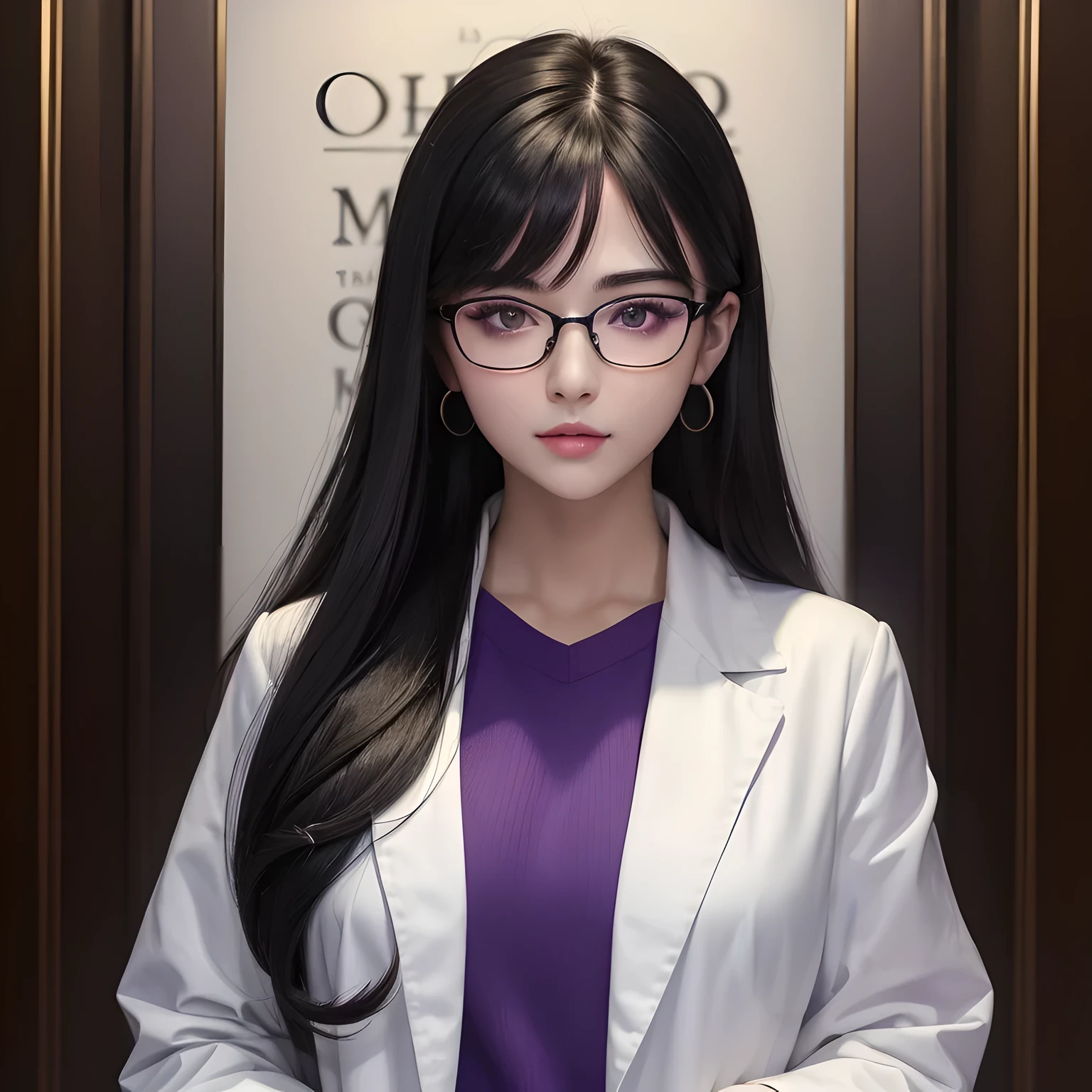(masterpiece, best quality:1.4), facial detail, hair detail, detailed beautiful eyes,1girl, solo , (black hair, long hair:1.2),bangs (glasses with purple frames :1.2), white doctor’s coat, ((front facing:1.1)),looking at viewer,