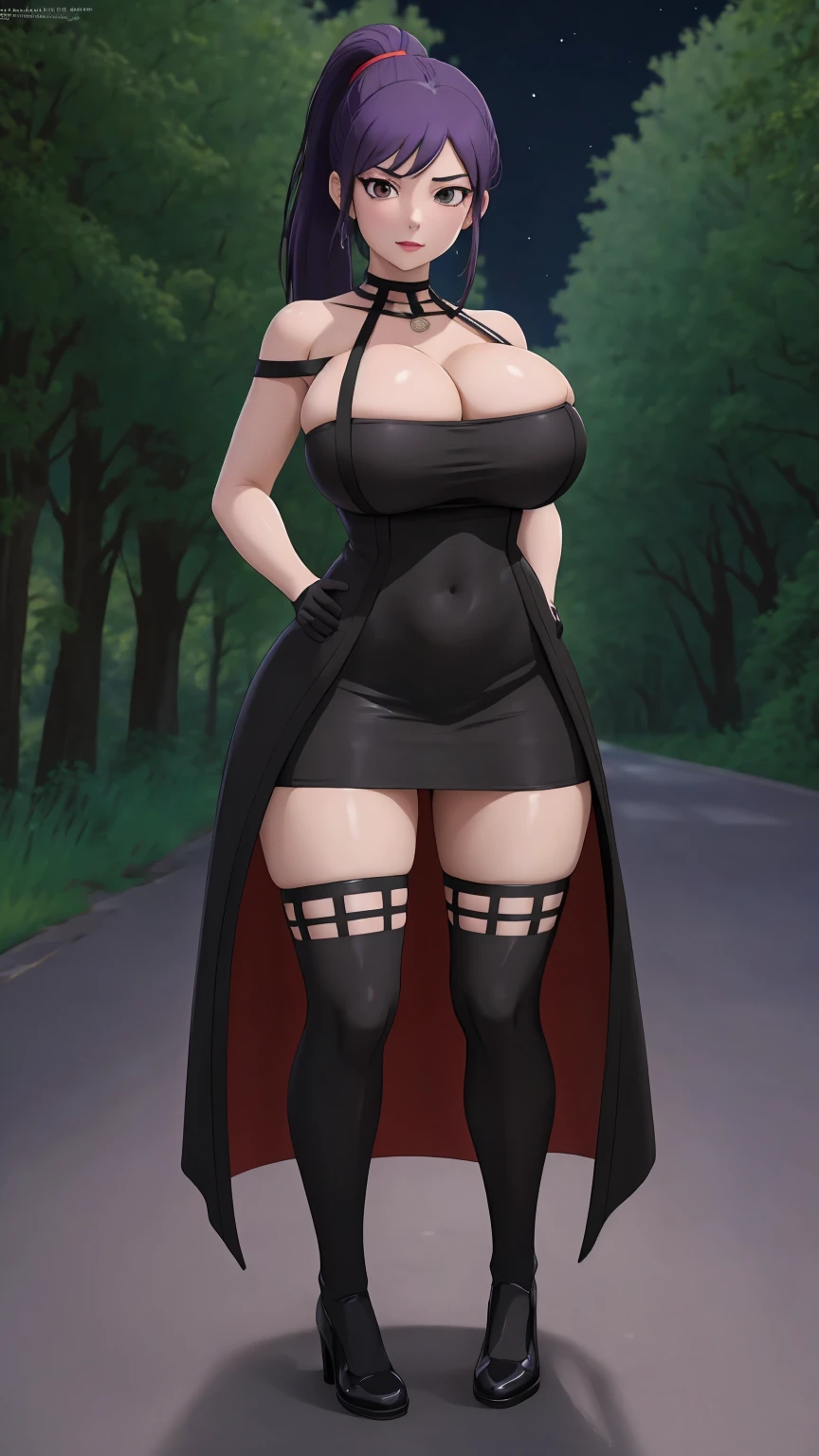 masterpiece, best quality, extremely detail 8k cg, high resolution, 1girl, yuugao, solo, purple hair, long hair, sidelocks, ponytail, brown eyes, perfect eyes, slim body, huge breasts, bursting breasts, standing, black dress, black thighhighs, black gloves, seductive face, outdoors, garden, night time, beautiful face, wide shot photo, full body