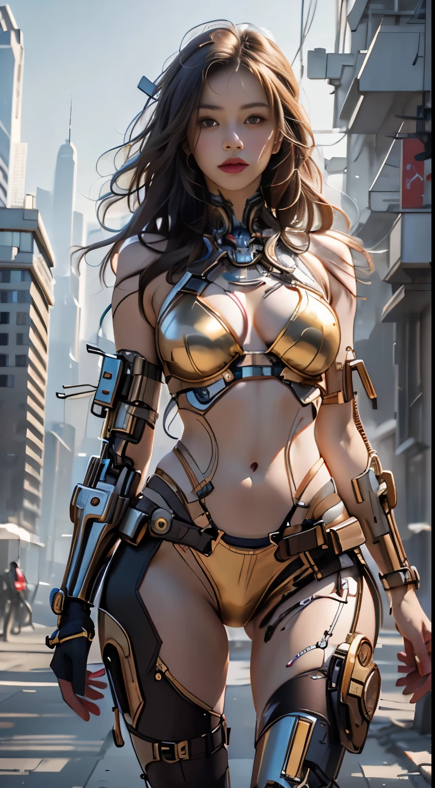 Virtual image,Realistic 8K images,hips up,Masterpiece,Complete Anatomy,Complete dynamic composition,morning sun,Light hits the front,young woman with long brown hair,cybernetic robot,Bikini body - white_orange_gold_metal,,white tank top,Abandoned city backdrop