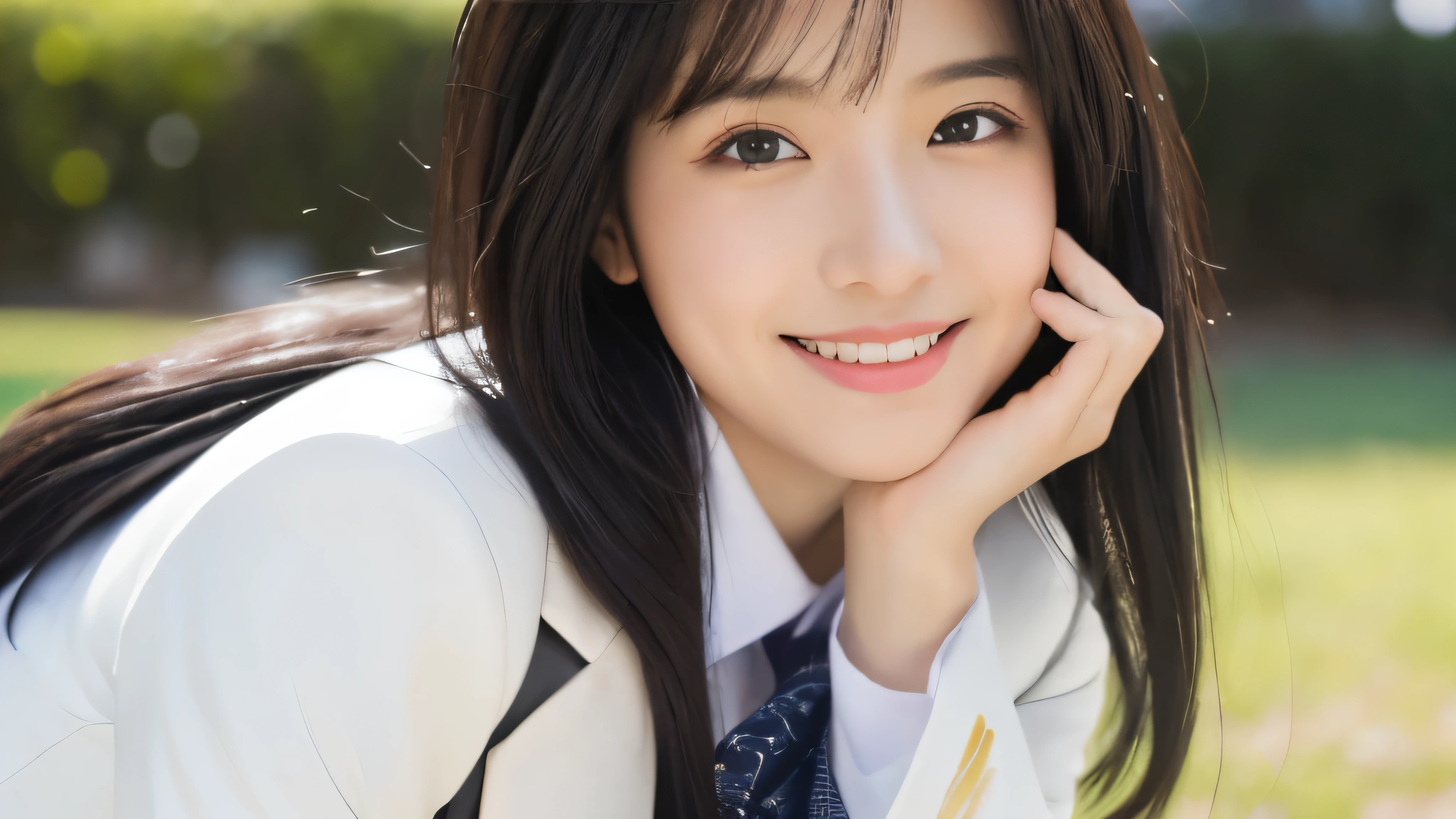 (Realistic: 1.4), (highest quality: 1.4), Ultra-high resolution, (Fine grain),Full body shot,((Background is white)),((Guts pose)),((1 female university student)),Black Hair,((suit)),Wide eyes,Blushed face,smile,Highly detailed face and skin texture, Healthy Skin,(Outdoor),8k resolution