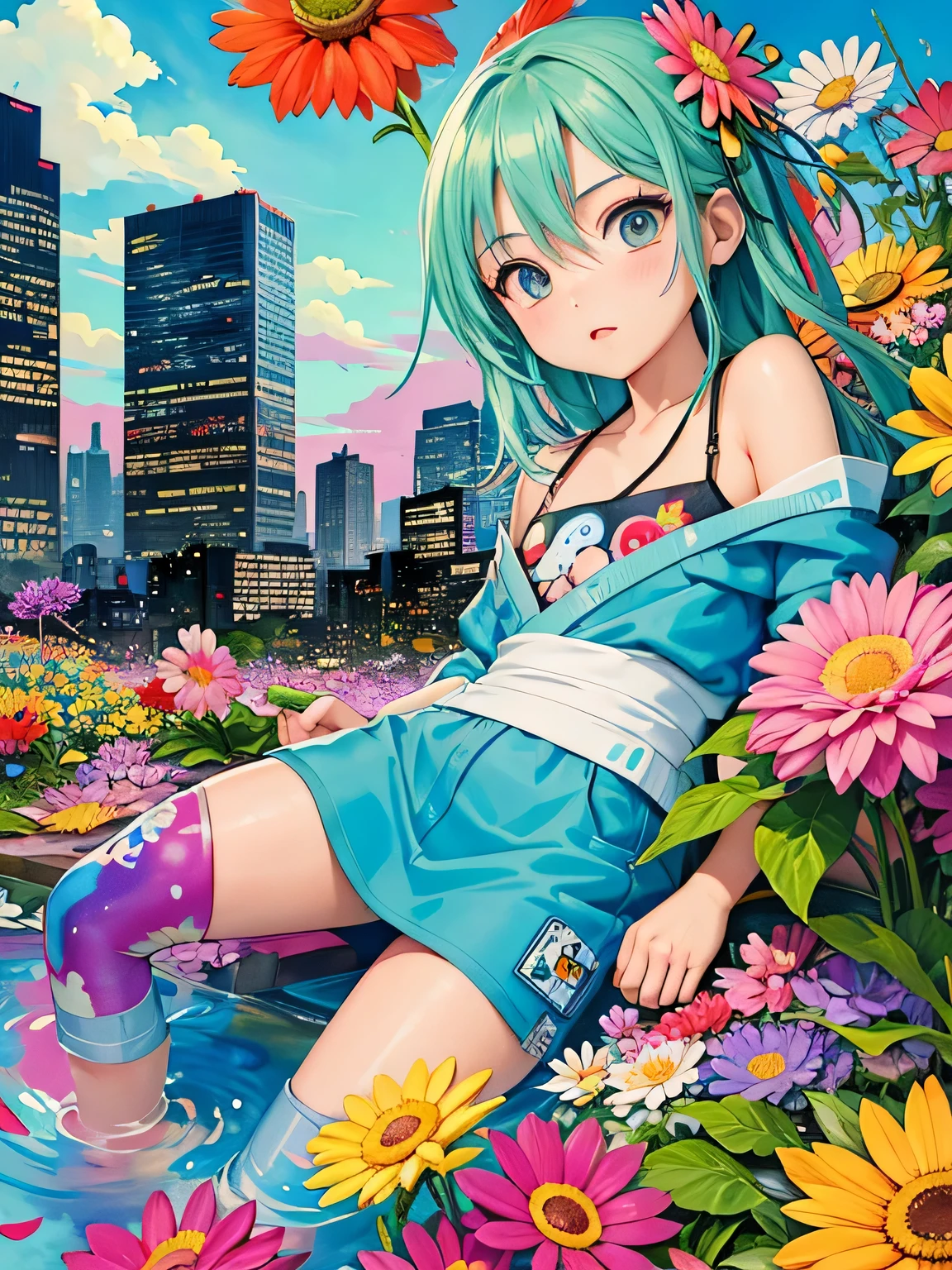 akira toriyama style、8K quality, Takashi murakami'illustration of, intense watercolor, watercolor detailed art, watercolor splash, surreal, avant-garde pop art, Beautiful and expressive paintings, beautiful artwork illustration of, very colorful tones, wonderful, cool beauty, highest quality,official art, vector art,stylish design, ((most beautiful girl ever))), (((highest quality))), HDR, ((Detailed details)), (((graffiti art))), ((masterpiece))、((Super detailed))、(((colorful flowers)))、(((Futuristic cityscape)))