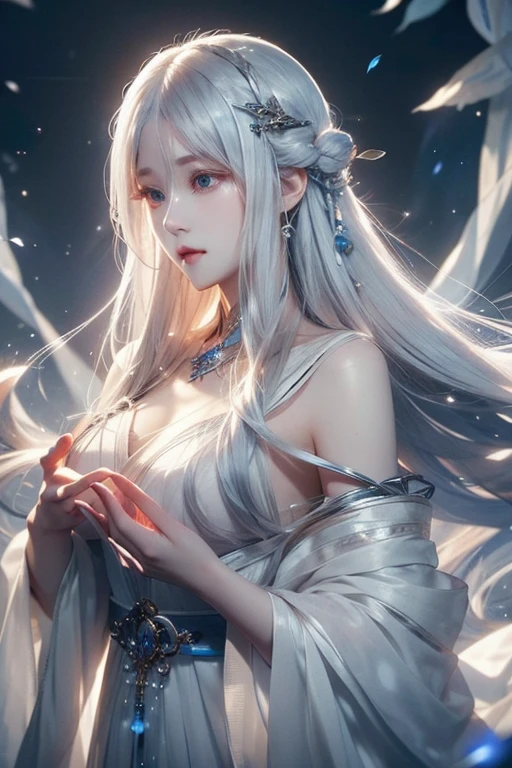 A girl,Moon Messenger,Moonlit Maiden,The second dimension image of the moon,A faint smile,Holy and elegant,Indifferent expression,Silvery-white eyes,Flowing ancient robe,Long flowing white hair,Exquisite hairstyle,magic,Ray Tracing,Delicate facial features