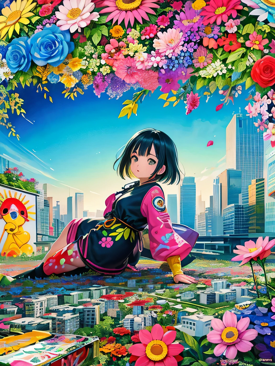 akira toriyama style、8K quality, Takashi murakami&#39;illustration of, intense watercolor, watercolor detailed art, watercolor splash, surreal, avant-garde pop art, Beautiful and expressive paintings, beautiful artwork illustration of, very colorful tones, wonderful, cool beauty, highest quality,official art, vector art,stylish design, ((most beautiful girl ever))), (((highest quality))), HDR, ((Detailed details)), (((graffiti art))), ((masterpiece))、((Super detailed))、(((colorful flowers)))、(((Futuristic cityscape)))