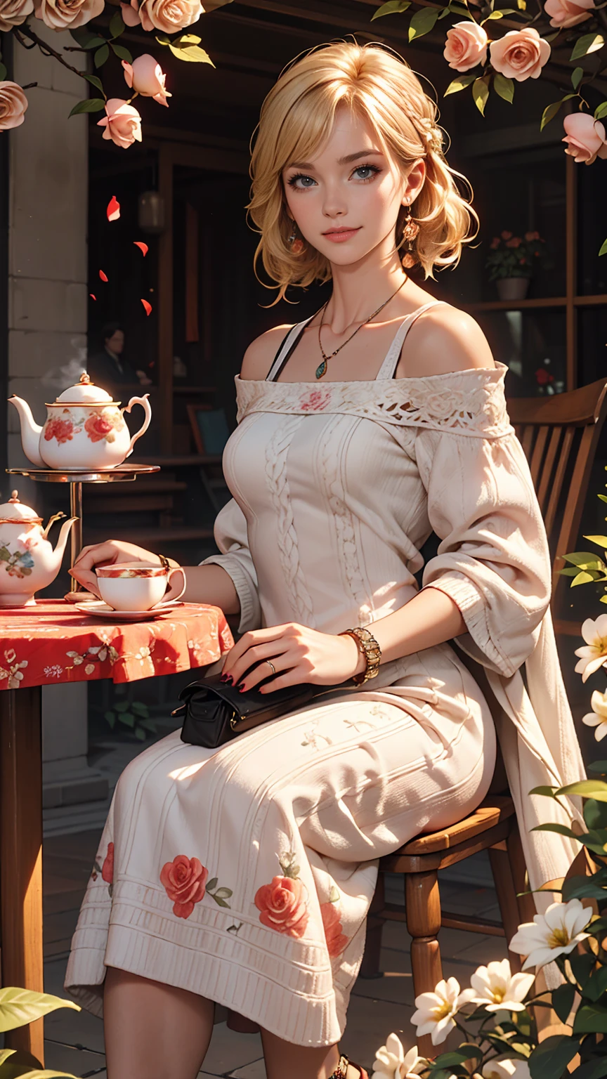 ((最high quality, 8K, masterpiece: 1.3, Ultra HD, high quality, 最high quality, High resolution, realism)) 、A 22-year-old extremely beautiful white woman、Hair color blonde、blue eyeedium Hair、Straight Hair、smile、Slender but well-proportioned, slim and muscular body、Athlete-like body type、I want my head to stay off screen、Wearing accessories on the wrist、Put an anklet on your ankle、Wearing red nail polish、I have a peticure、I&#39;m in a garden with a flowering hedge、Knit dress((knit dress))wear、I&#39;m wearing high heels、Carry a handbag over one&#39;s shoulder、smile、Low - Angle、Blue sky beautiful、There is a table and chairs、Sit on a chair and drink tea from a teacup、３A tiered cake tower loaded with cakes、There is also a teapod、Steam rising from the tea、The table is covered with a tablecloth、The tablecloth has roses embroidered on the corners.