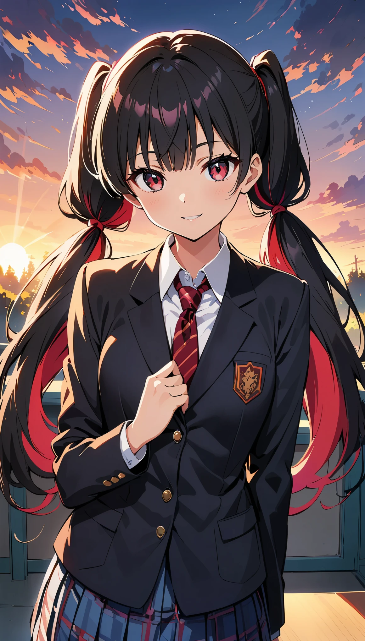 (Anime artwork, Anime Style, Studio Anime, Very detailed, up to date, Vibrant, Anime Coloring, High Contrast, masterpiece:1.2, Best Quality, Best aesthetics), 1 gal, We are waiting, ((Black Hair, High twin tails with red inner color:1.9)), Grey Eyes, (Sharp face), glossy lips, smile, clavicle, Pretty face, (Small face), Beautiful Eyes, Long eyelashes, Slender, Blue plaid pleated skirt:1.5, Red tie:1.5, Black blazer, (Private School Uniforms), School classroom, evening, Illuminated by the setting sun, Soft lighting,