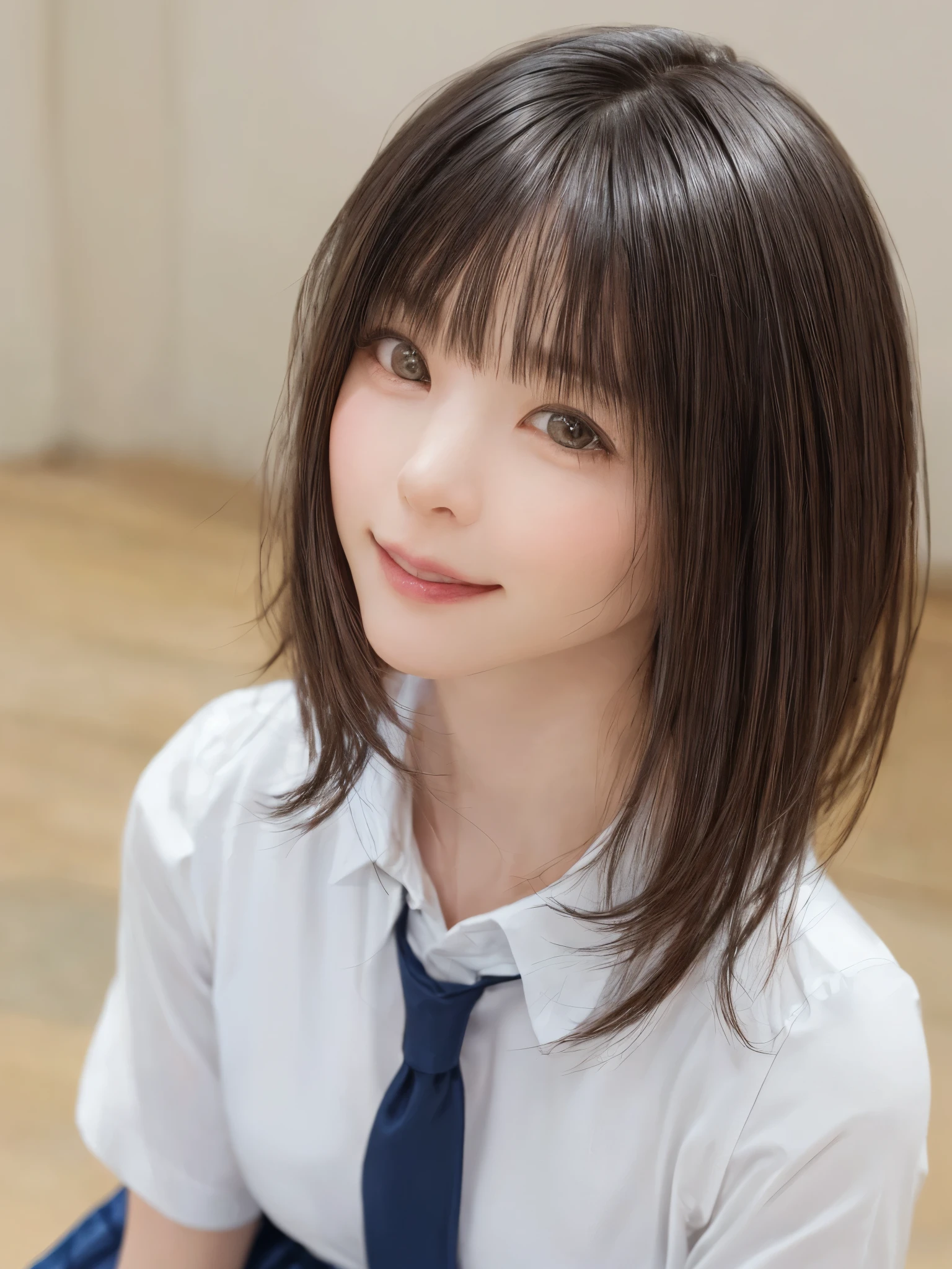 (masterpiece:1.3), (Realistic, RAW Photos, highest quality: 1.4), (One Girl), Beautiful Face, (超Realistic Face、シンメトリーのBeautiful Face、Looking into the camera), (Black Hair, short hair:1.6、bangs:1.3、Put out your ears:1.3、Beautiful long neck、happy smile with closed mouth), Beautiful hairstyle, (Realistic eyes), Beautiful details, Long eyelashes, (Realistic Skin), Beautiful Skin, [Big Breasts:1.3], (Perfect body:1.3), (Detailed body:1.2), (tie), (Collared shirt, Pleated skirt:1.3), Absurd, charm, Ultra-high resolution, Ultra-realistic, Very detailed, Golden Ratio,Very cute beautiful woman、28 years old