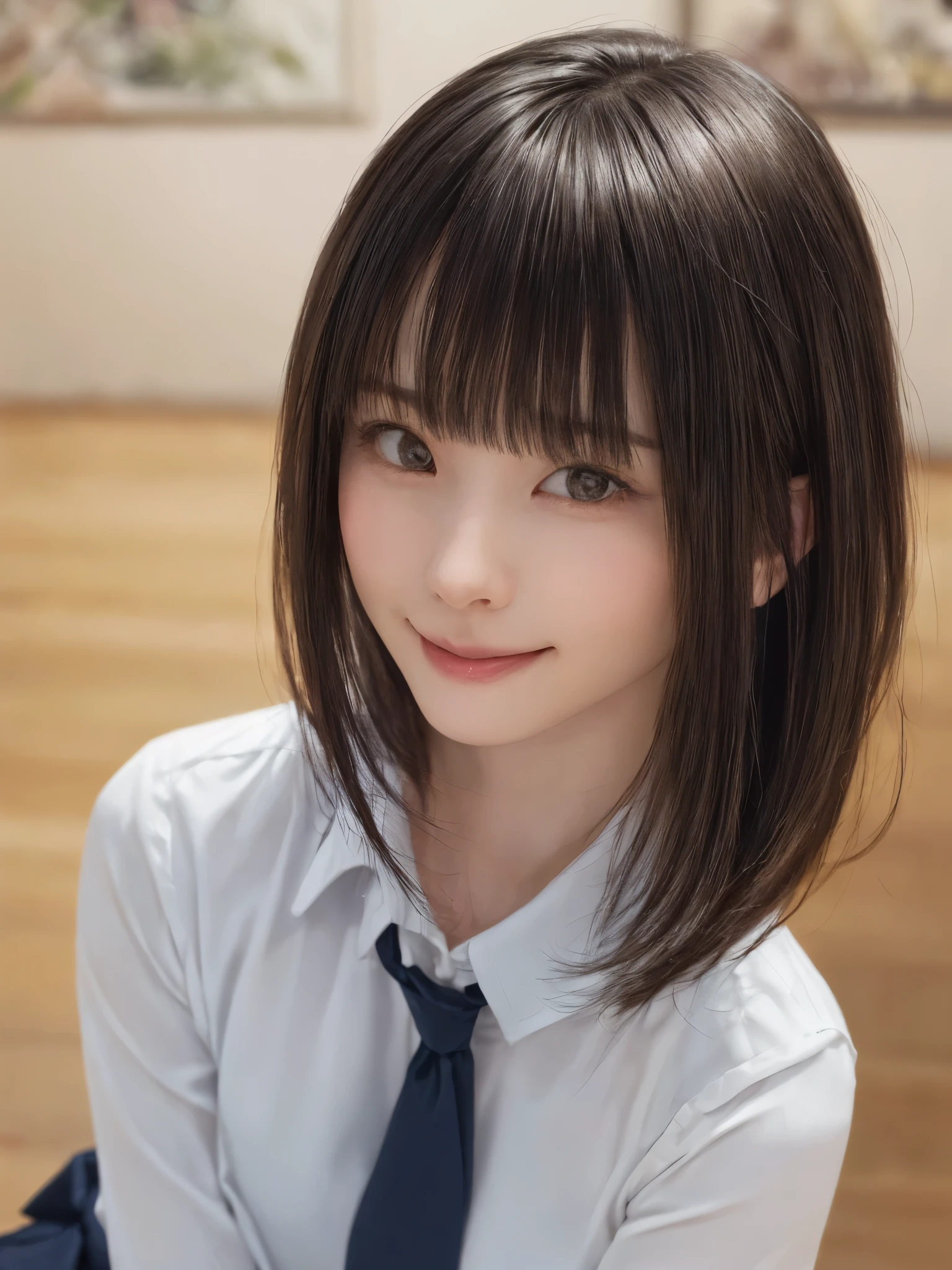 (masterpiece:1.3), (Realistic, RAW Photos, highest quality: 1.4), (One Girl), Beautiful Face, (超Realistic Face、シンメトリーのBeautiful Face、Looking into the camera), (Black Hair, short hair:1.6、bangs:1.3、Put out your ears:1.3、Beautiful long neck、happy smile with closed mouth), Beautiful hairstyle, (Realistic eyes), Beautiful details, Long eyelashes, (Realistic Skin), Beautiful Skin, [Big Breasts:1.3], (Perfect body:1.3), (Detailed body:1.2), (tie), (Collared shirt, Pleated skirt:1.3), Absurd, charm, Ultra-high resolution, Ultra-realistic, Very detailed, Golden Ratio,Very cute beautiful woman、28 years old