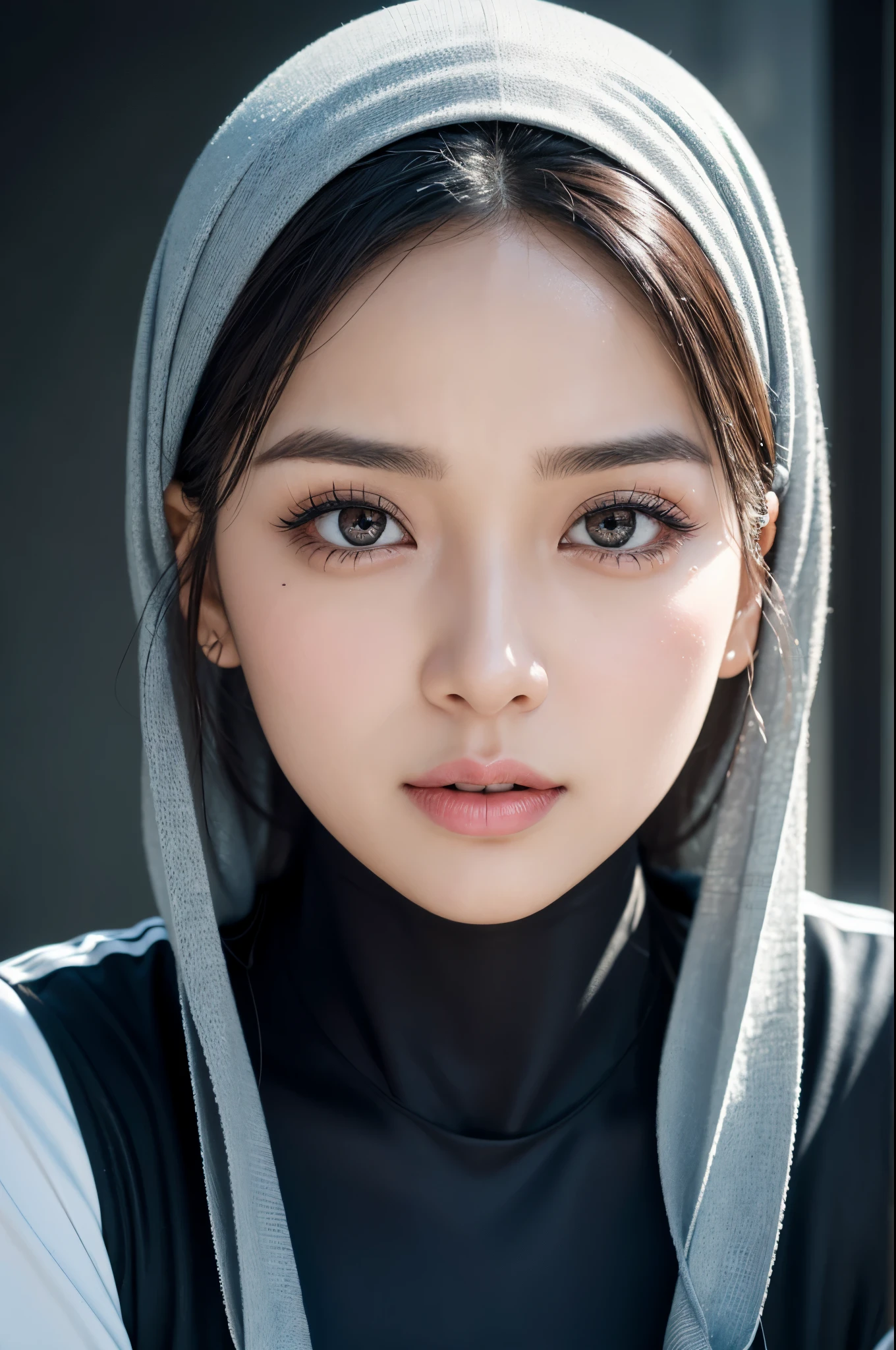 8k CG masterpiece, best quality, photographic realism, meticulously detailed skin, hyper-realistic depiction, High detail RAW color art, diffused soft lighting, shallow depth of field, pin-sharp focus, strikingly hyperrealistic rendition, cinematic lighting, authentic hijab representation, a hijabi girl in beautifully applied makeup, smoky eyeshadow accentuating her big, expressive eyes, long, luscious eyelashes framing her beautiful, ebony orbs, radiantly dressed in a long sleeve soccer jersey and matching leggings, perspiration beading on her forehead, her cheeks flushy and sweaty, determined expression etched