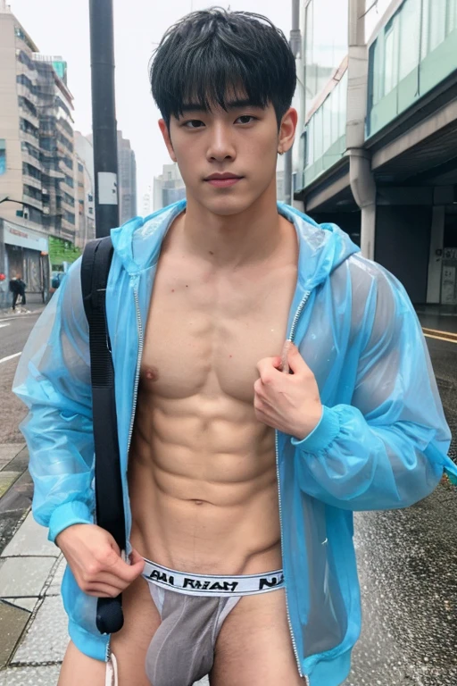 Handsome Asian boy,  boy , handsome Korean face, neat muscular, wear only transparent raincoat, big bulge, he is an exhibitionist, Penis clearly visible, showing penis, showing abs, rainy day, very wet body, very hairy armpits, Sweat dripping from the penis, on the bussy street