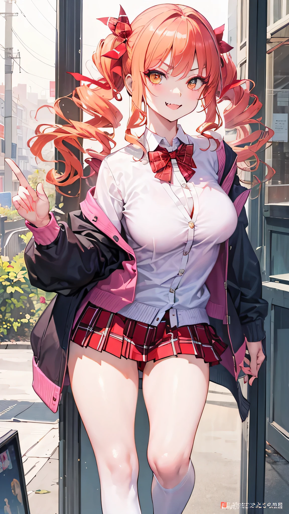 (masterpiece:1.2, top-quality), (realistic, photorealistic:1.4), beautiful illustration, looking at viewer, front view:0.6, 1 girl, high school girl, bangs, yorigami jo'on, double drill hairs, orange hair, orange eyes, large breasts:0.8, (thick thighs), beautiful hair, beautiful face, beautiful detailed eyes, beautiful clavicle, beautiful body, beautiful chest, beautiful thigh, beautiful legs, beautiful fingers, (beautiful scenery), sidewalk, ((pleated mini skirt, socks, red private school uniform:1.2, light pink cardigan, red plaid pleated skirt, red plaid bow tie, red plaid hair ribbon)), pink panties, (swollen), ((seductive posture: 1.2, attractiveness: 1.2)), (idle), (erotic, sexy, upper eyes, makeup, seductive smile, fangs, fang out, v-shaped eyebrows, smug, skin fang, red lips, troll), shiny skin, perfect face, cute and symmetrical face, natural side lighting, movie lighting), walking, gyaru, voluminous eyelashes, glaring, black pantyhose, greasy stockings, solo, Tethered Panty, cowboy shot