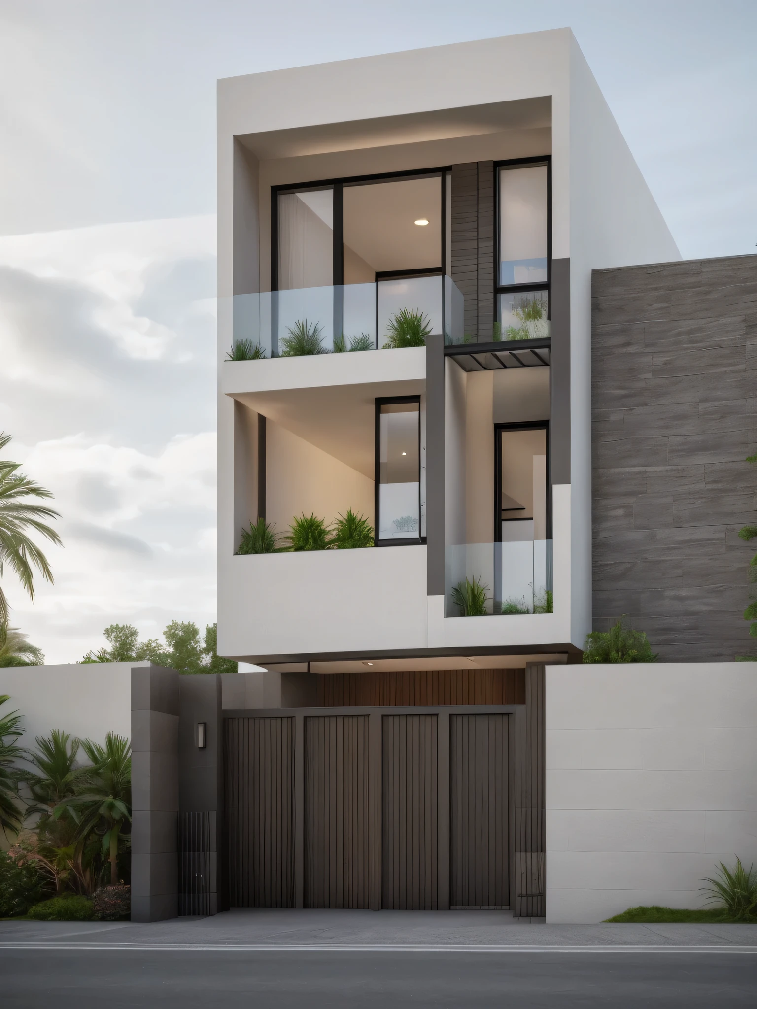 a rendering of a two story house with a garage and a balcony, front elevation view, frontview, elevation view, wide angle exterior 2022, complete house, exterior design, detailed rendering, mid-view, modern lush condo as shopfront, front elevation, front-view, overall architectural design, architectural concept, 3/4 view realistic, residential design