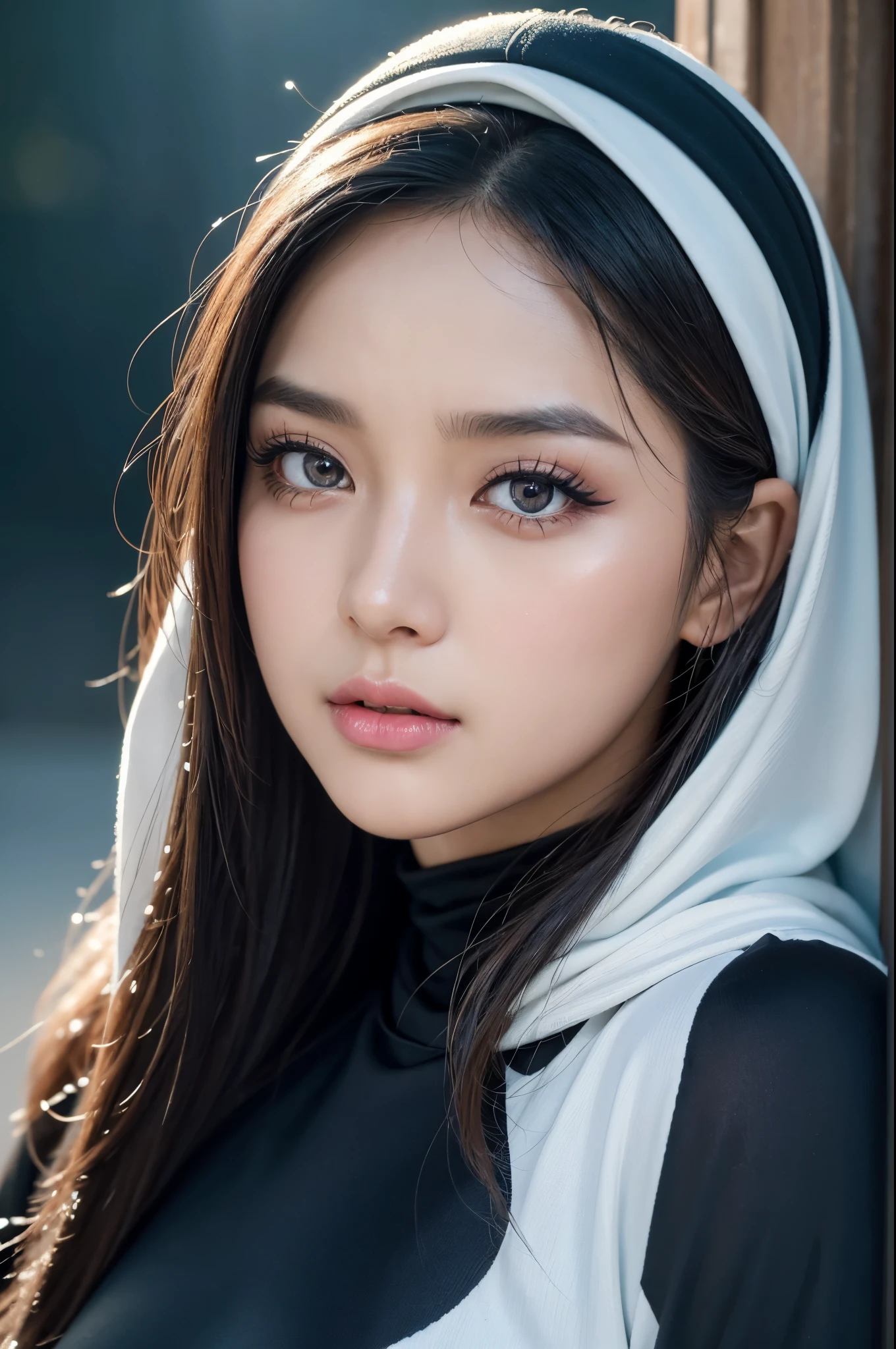 ((best quality)), ((masterpiece)), (detailed), perfect face8k CG masterpiece, best quality, photographic realism, meticulously detailed skin, hyper-realistic depiction, High detail RAW color art, diffused soft lighting, shallow depth of field, pin-sharp focus, strikingly hyperrealistic rendition, cinematic lighting, authentic hijab representation, a girl in beautifully applied makeup, smoky eyeshadow accentuating her big, expressive eyes, long, luscious eyelashes framing her beautiful, ebony orbs, radiantly dressed in a long sleeve soccer jersey and matching leggings, perspiration beading on her forehead, her cheeks flushy and sweaty, determined expression etched